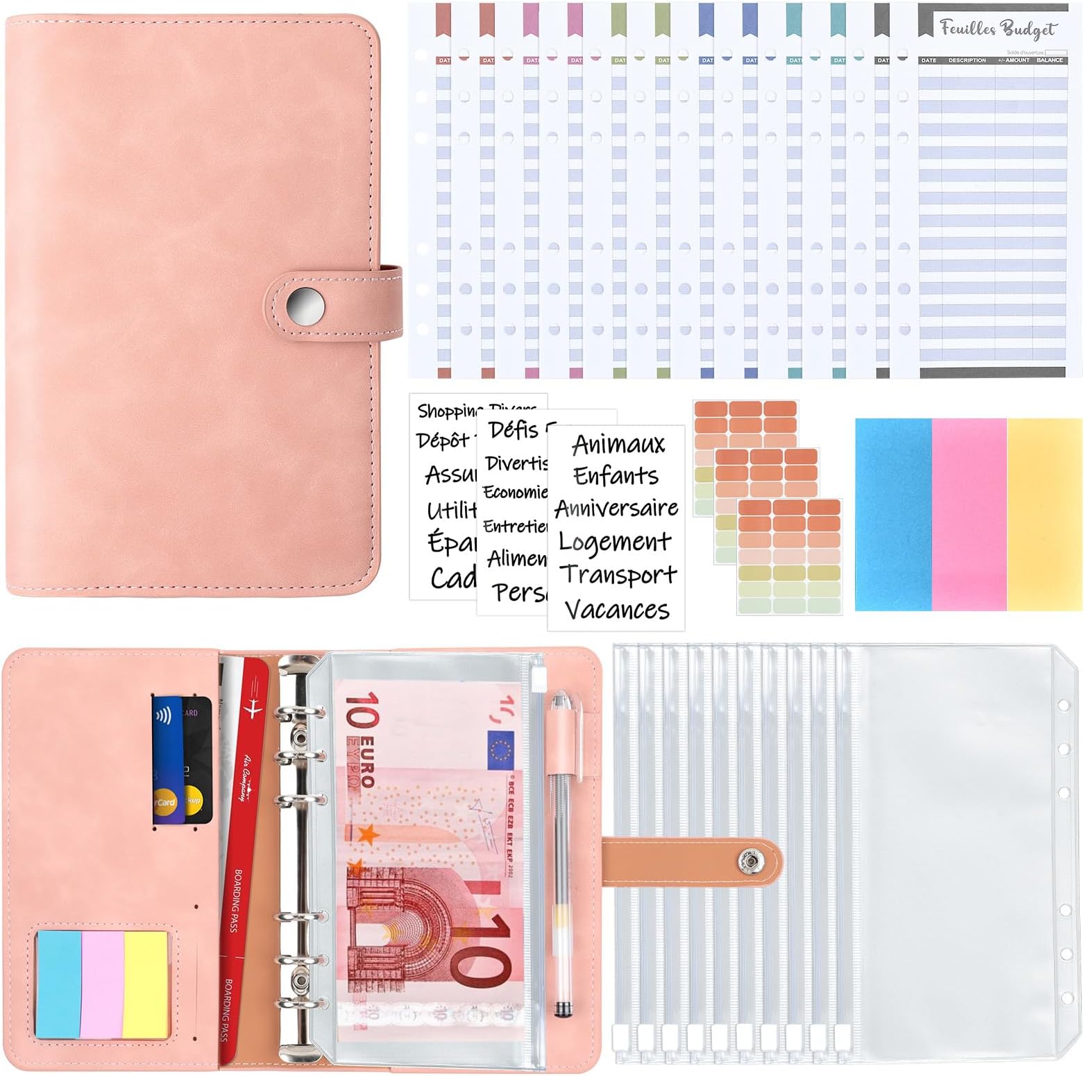 Classeur Budget A6 En Cuir PU - 10 Enveloppes PVC + 12 Feuilles Budget Français | Planner Épargne & Suivi Dépenses