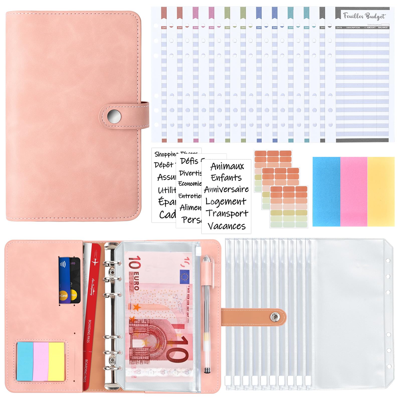 Classeur A6 en PU Cuir Budget Planner avec 10 PVC Enveloppe Budget, 12 Feuilles Budget, 3 Autocollants