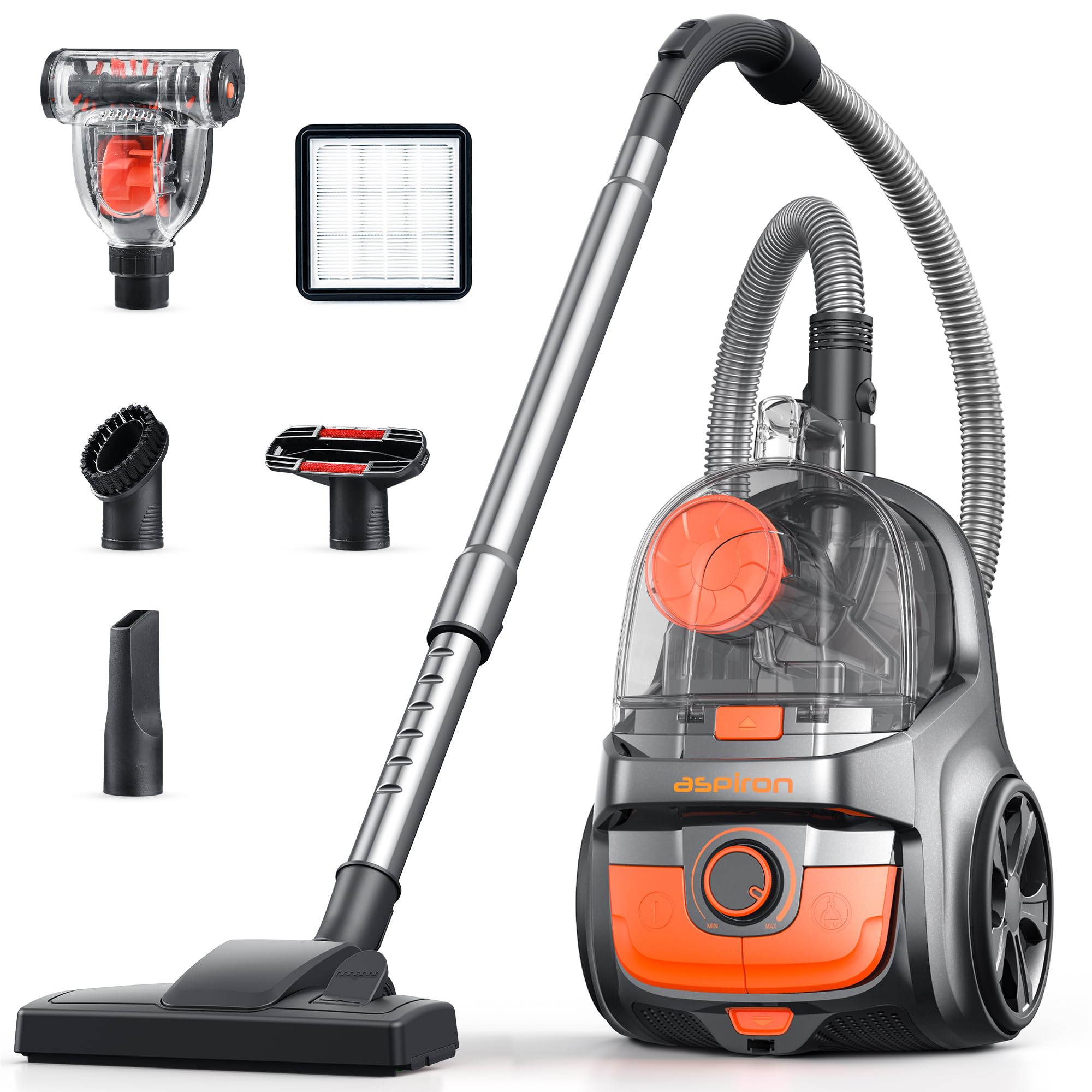 Aspiradora de bote Aspiron de 30 kPa, sin bolsa, depósito de polvo grande de 3,7 cuartos, filtro HEPA doble, cable retráctil, 1600 W, ligera, con 5 herramientas para suelos duros, color caqui