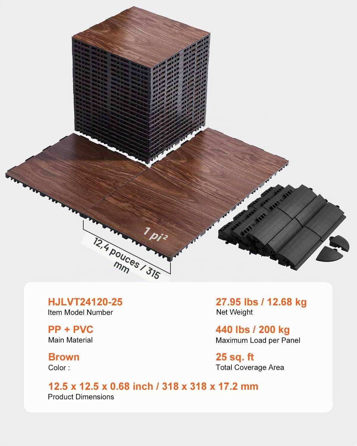 VEVOR Revêtement de sol emboîtable, 315 x 315 mm, dalles de sol polyvalentes emboîtables, 25 pcs, dalles de piste de danse portable avec base coussinée, grain de bois de chêne, marron, 2,3 m²/boîte