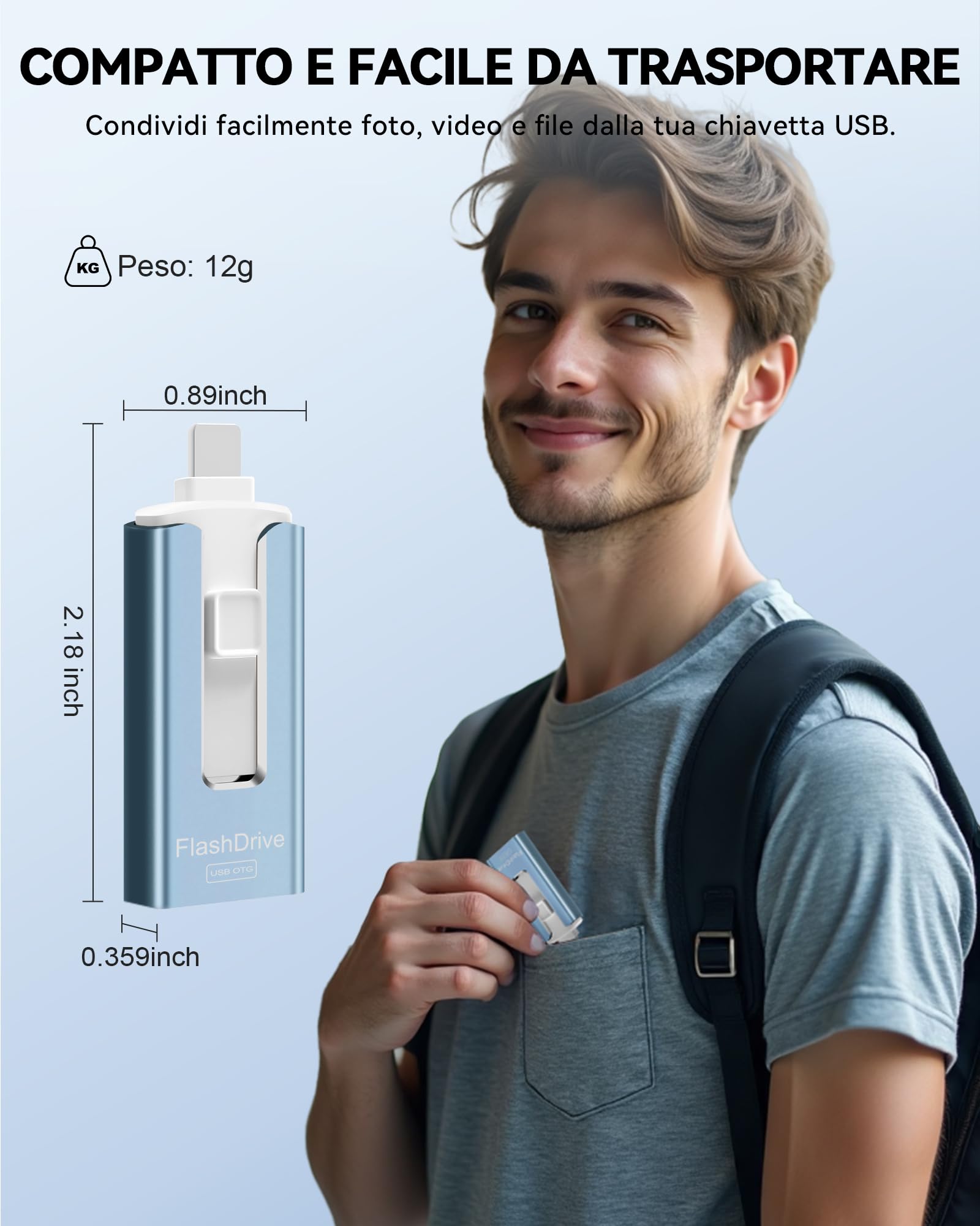 Chiavetta USB 256GB per iPhone, certificata MFi, con Lightning, Type A, Type-C e micro USB, compatibile con iPhone, iPad, Android e PC, USB 3.0 veloce, espansione di foto, documenti e video,Blu
