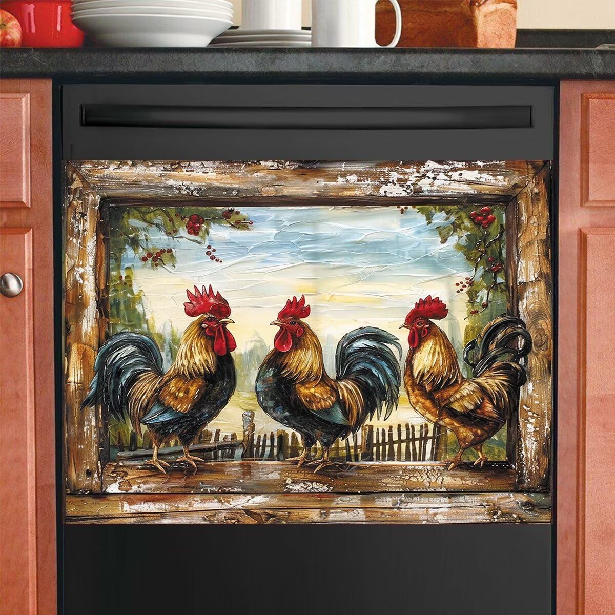 Generic Farm Rooster Dishwasher Magnet Cover, Retro Window Kitchen Decorative Magnetic Refrigerator Sticker, Pastoral Style Magnets Dish Washer Decal 23"" x 26"", Rimyy61-1