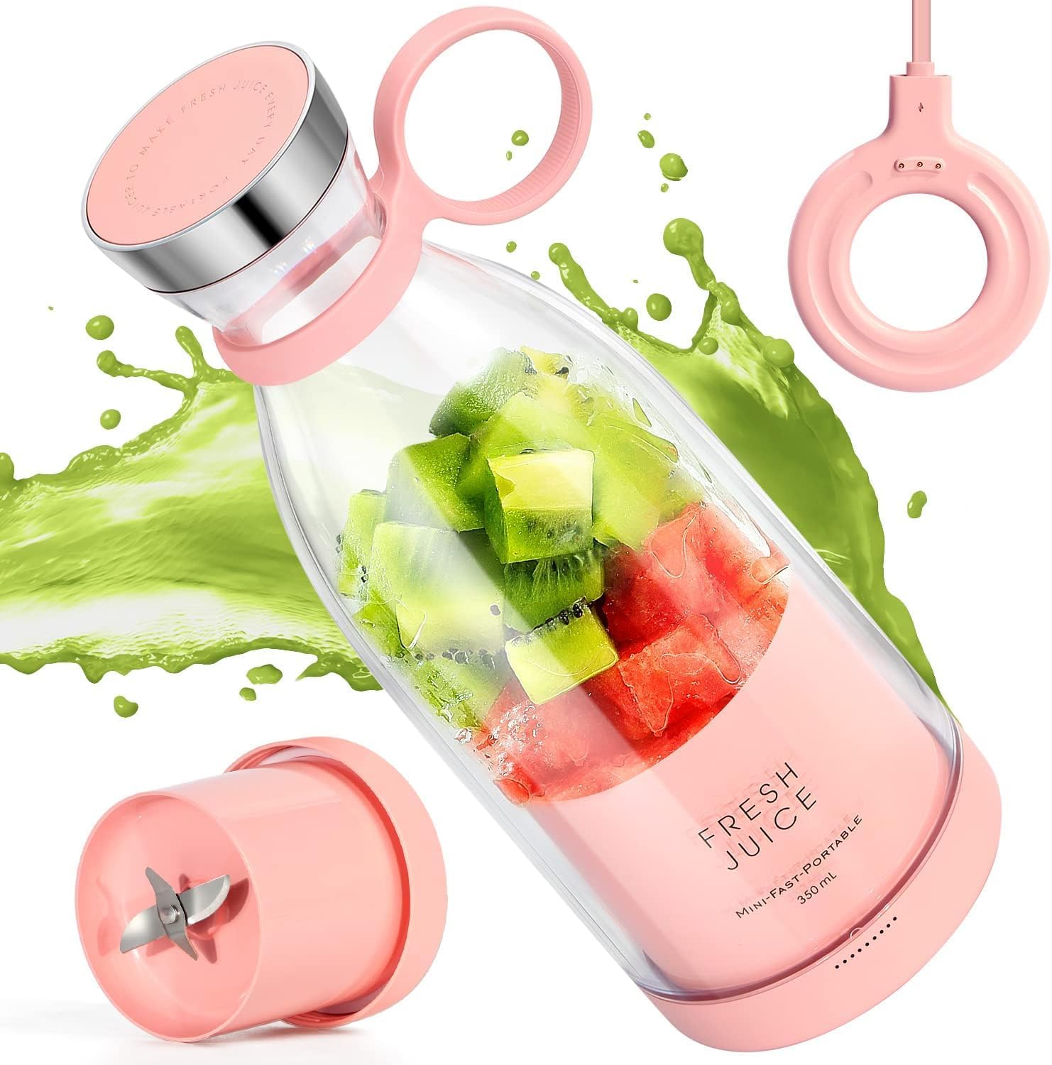 Tragbarer Mixer, 350 ml 6-Klingen-Entsafterbecher für Saftshakes und Smoothies, Mini-Mixer mit LED-Anzeige, wiederaufladbar über USB, 3000 mAh Akku, für Zuhause, Outdoor, Reisen, Rosa