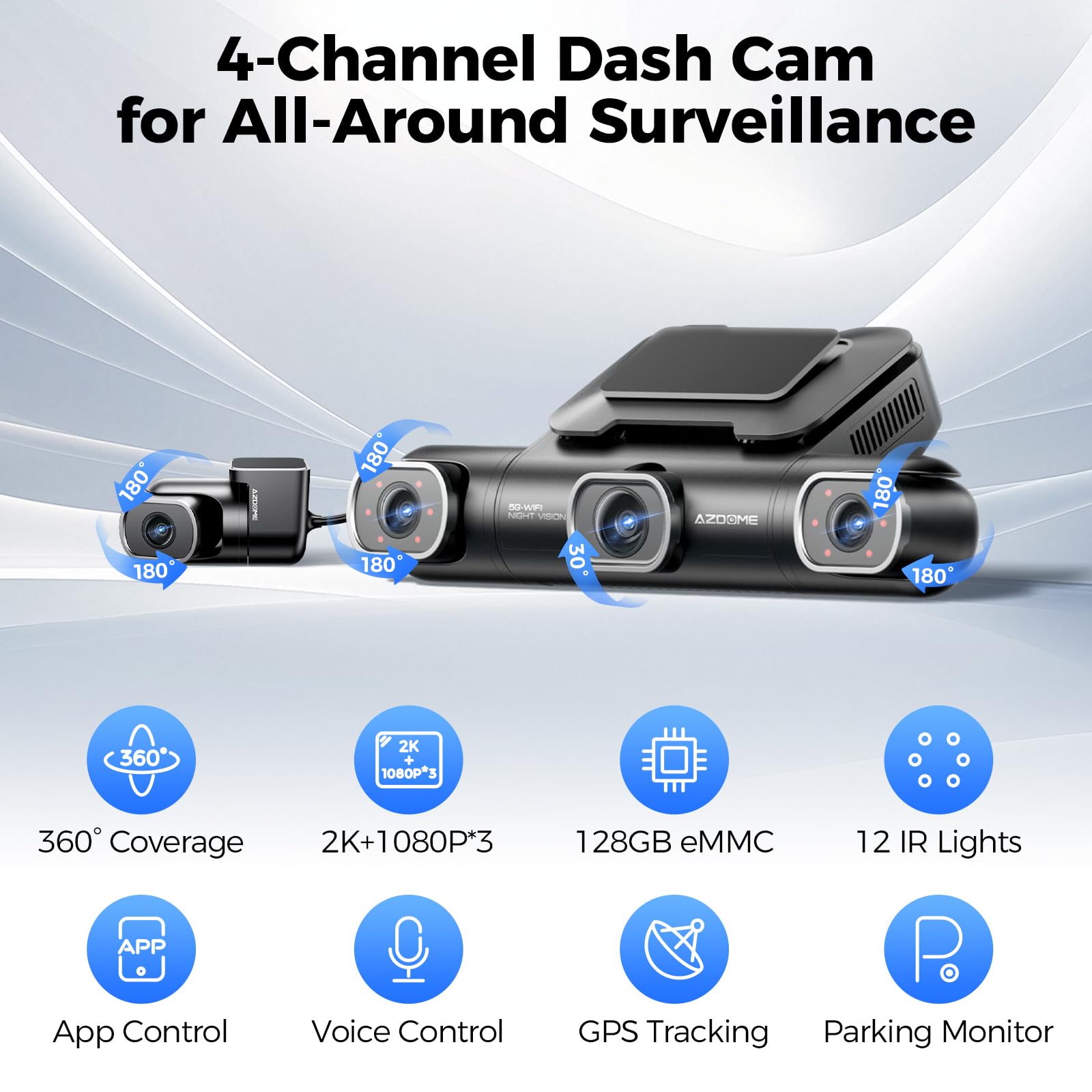 AZDOME 360° 4 Channel Dash Cam, Built-in 128GB eMMC, 2K+1080P*3 Dashcam Front and Rear Inside Left Right, Voice Control, 5G WiFi Dash Camera for Cars with 4 Adjustable Lenses, IR Night Vision, M660