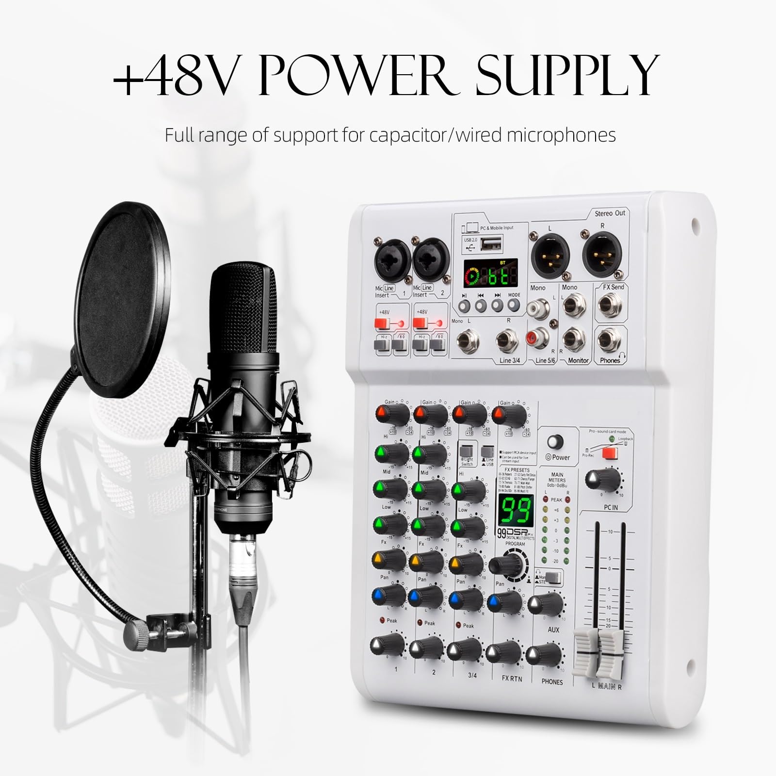 Controller DJ, Mixer, mixer DJ con 5.0 BT, riverbero digitale DSP 99, registrazione USB, qualità da studio 24 bit/192 kHz for studio, live