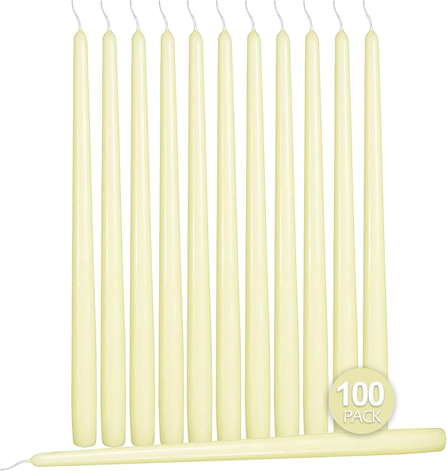 Ner Mitzvah 100 Pack Tall Taper Candles - 10 Inch Ivory Dripless, Unscented Dinner Candle - Paraffin Wax with Cotton Wicks - 8 Hour Burn Time