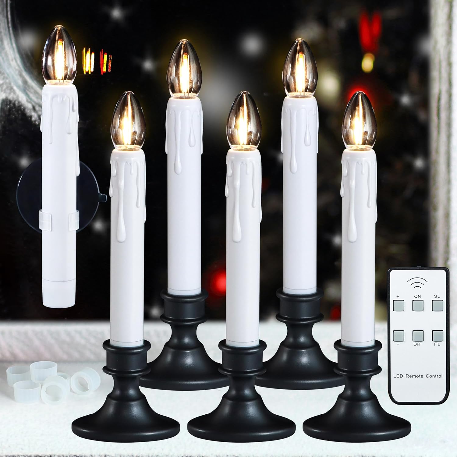 Daord Flameless LED Taper Candles with Removable Black Base & Suction Cups Electric Christmas Window Candle Lamp with Plastic Bulb,for Home Halloween Christmas Table Decor (6pcs，White)