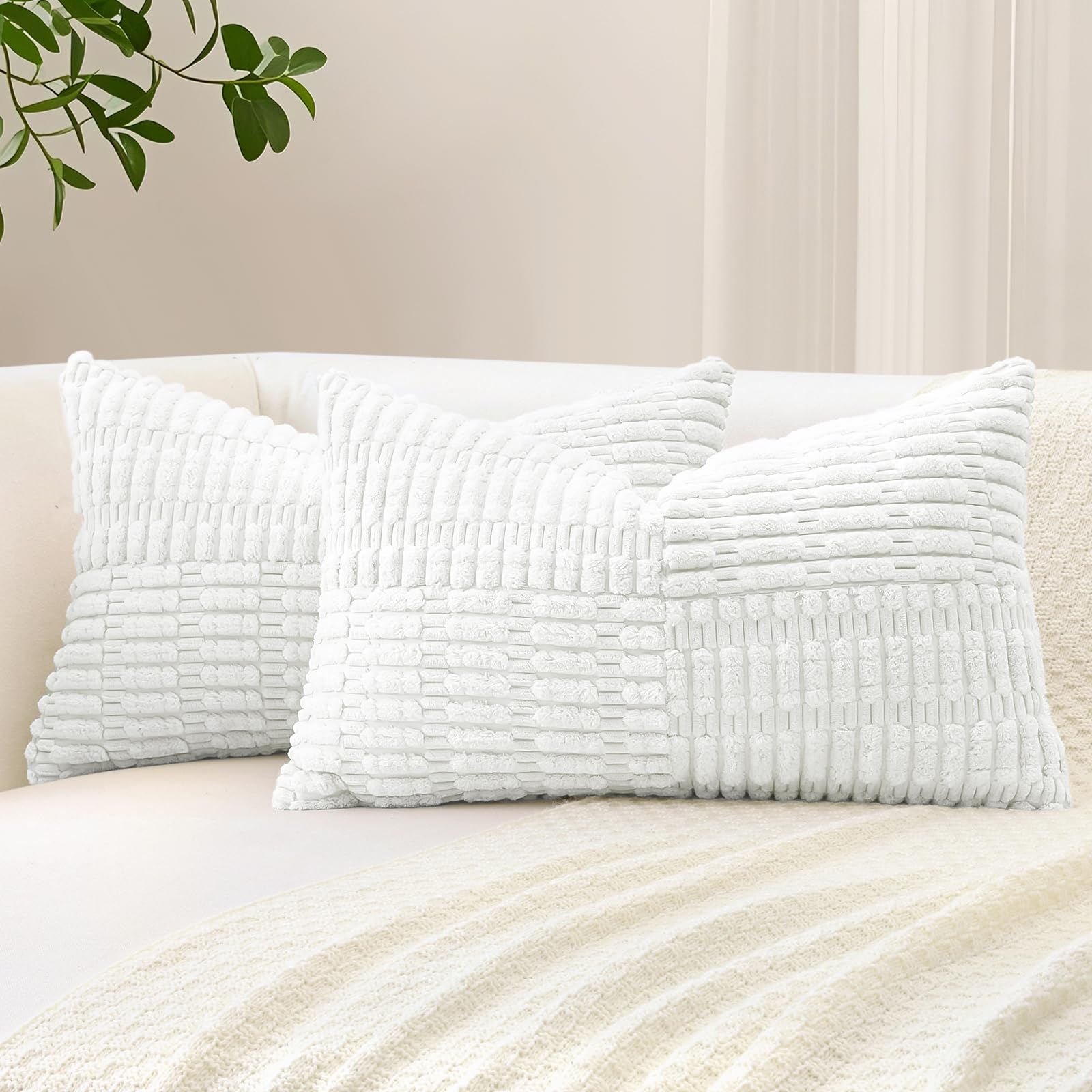Sungeek Set of 2 Decorative Cushion Covers 30 x 50cm Soft Corduroy Striped Cross Patchwork Textured Pillow Cases Boho Farmhouse Lumbar Throw Pillow Covers for Sofa Bed Patio 12x20 Inch, White
