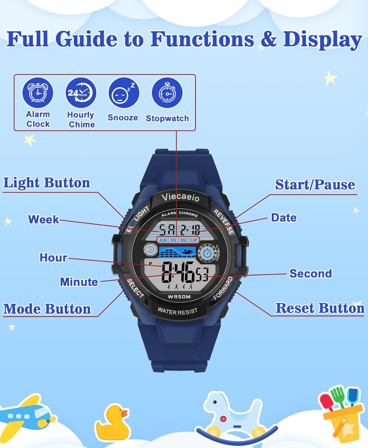 Kids Digital Watch for Boys Girls,2 Interchangeable Silicone Straps, 50M Waterproof & Shockproof Sports Watch with 7-Color LED Backlight, Alarm, Stopwatch, Calendar (Ages 5-18) - Image 2