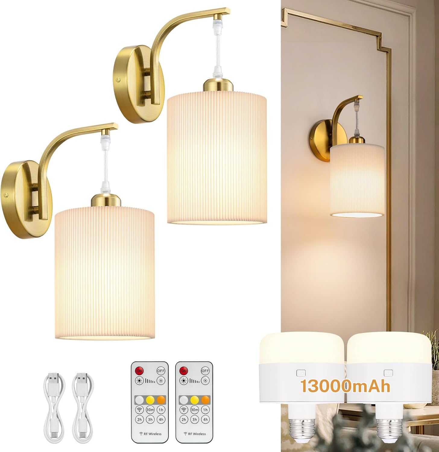 Battery Operated Wall Sconce Set of Two, Pleated Fabric Rechargeable Wireless Wall Sconces with 13000mAh Bulb & Dimmable, Battery Sconces Wall Light Decor Set of 2 for Living Room, Gold