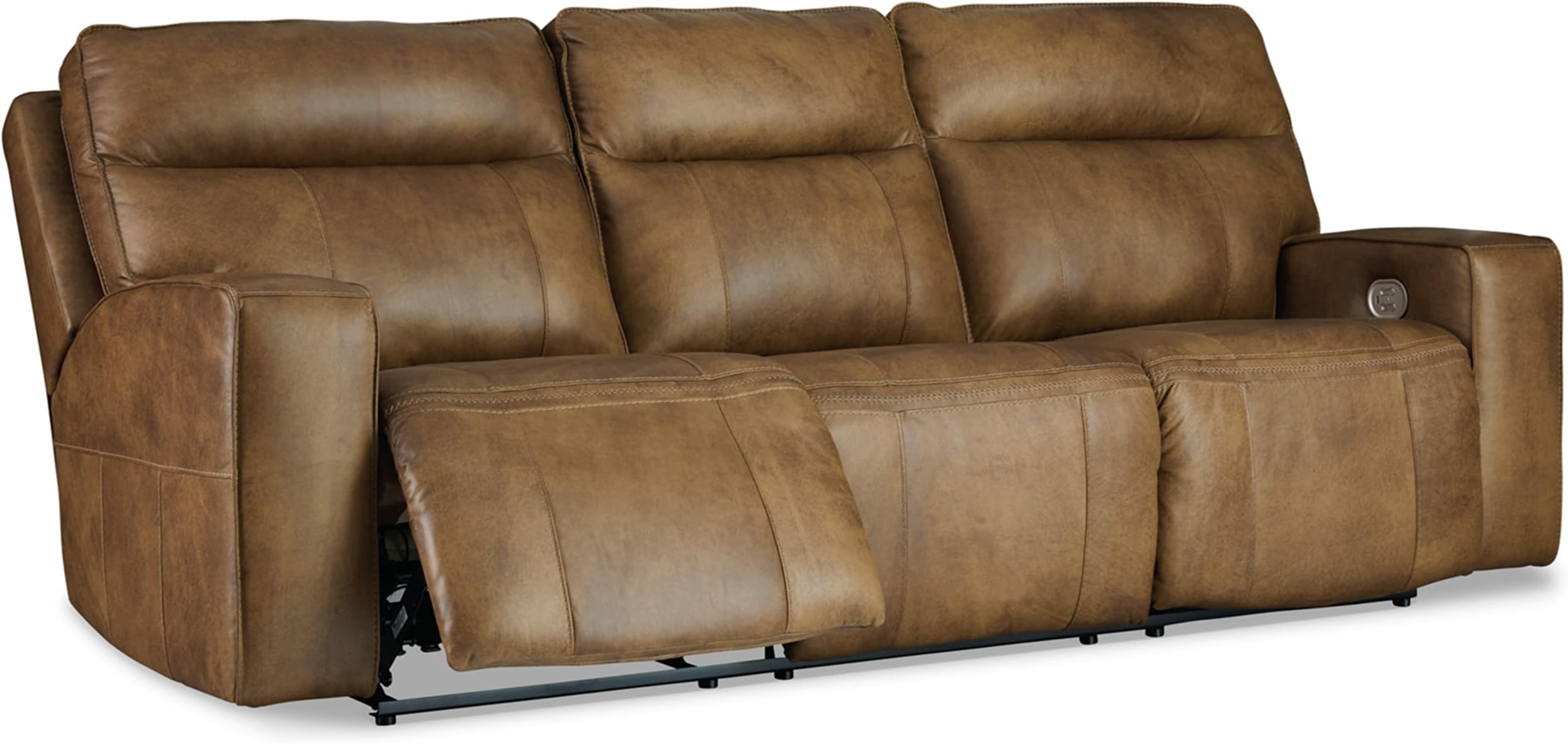 Signature Design by Ashley Game Plan Contemporary Tufted Leather Power Reclining Sofa with Adjustable Headrest, Light Brown