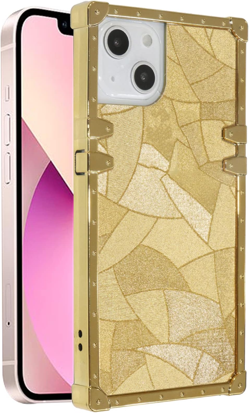 Umhlaba Compatible with iPhone 13 case 2021 Square Edge Trunk Bling Luxury Fashion Phone Cover Women Glitter Girly Geometric Rectangle Box Sparkly Cute Stylish 6.1 inch (Gold)