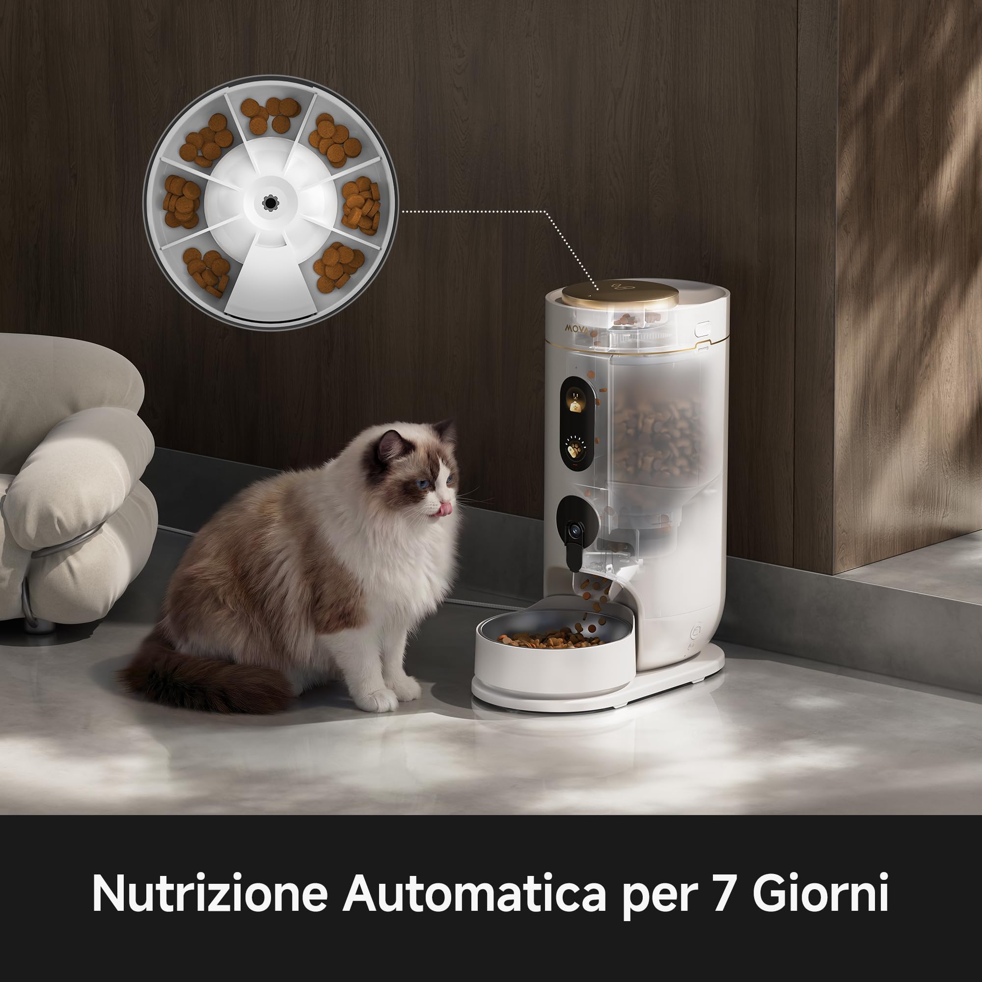 MOVA NutriPal 10 Ultra Distributore di Cibo con Pod Nutrizione 7 Giorni Separato, Camera HD 1080P, 4 Modalità Pasto, Pannello Stato Real-Time 4,2", Autonomia 20+ Giorni 4L, Croccantini Fino a 12mm