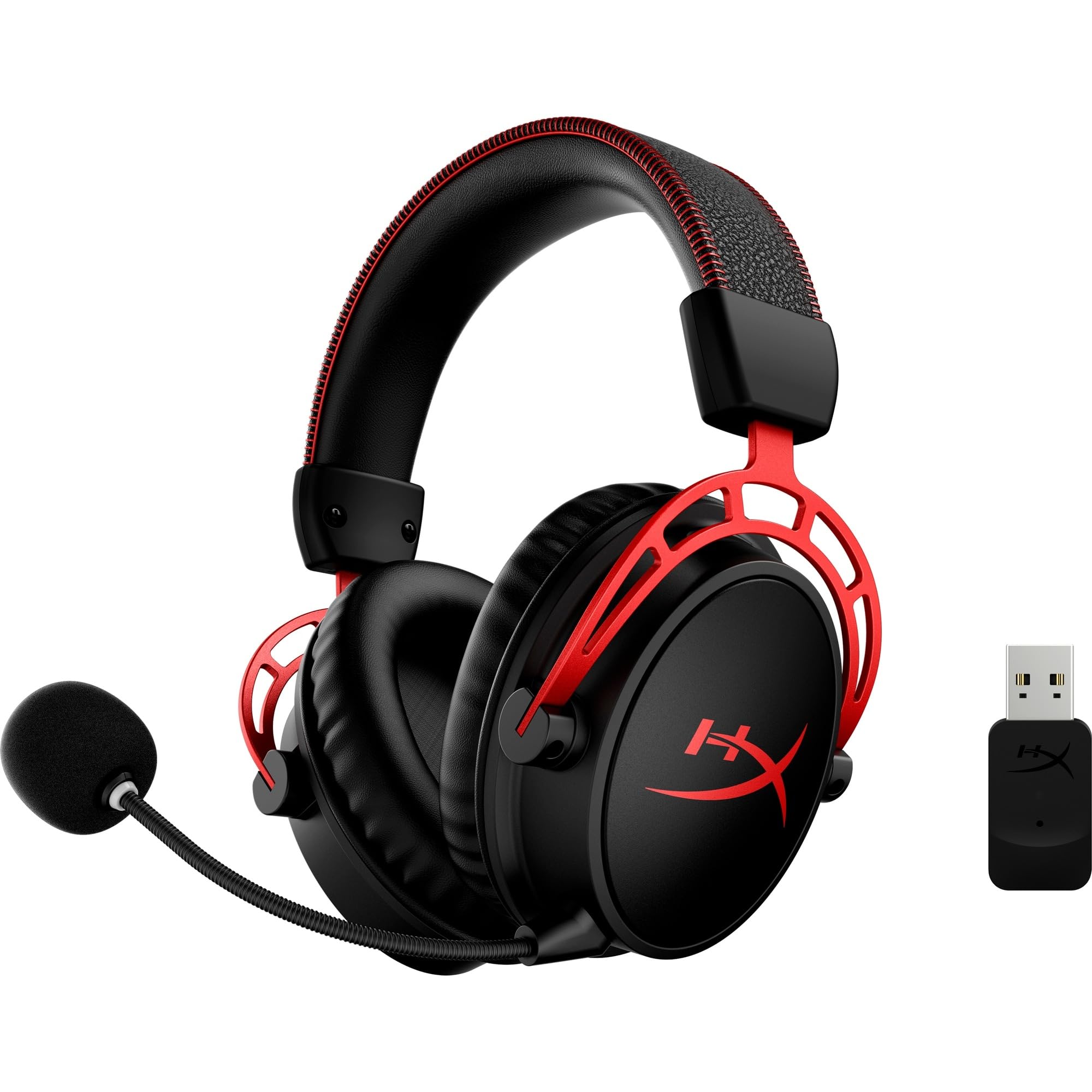 HyperX Cloud Alpha, Cuffie da Gaming Senza Filo, Connessione a 2,4 GHz, Telaio in Alluminio, Cuscinetti in Memory Foam Rivestiti in Similpelle, Autonomia Fino a 300 Ore, Adatto per PC, Nero/Rosso