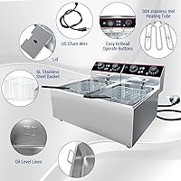 Vista 3 de Freidora comercial de 12.6 cuartos de galón con doble cesta eléctrica, freidora de acero inoxidable con control de temperatura independiente