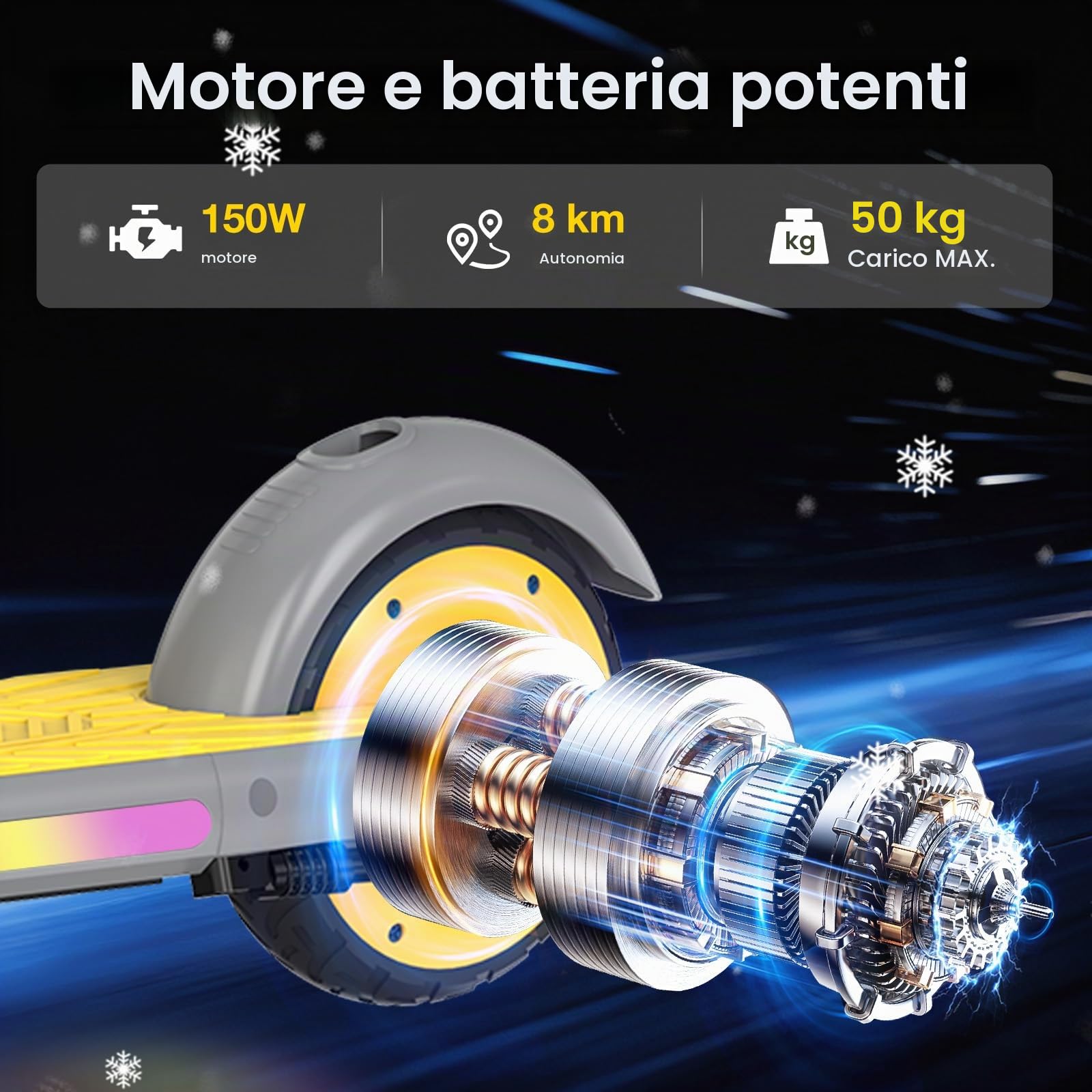 MEGA MOTION Monopattino elettrico per bambini - 3 modalità di velocità, motore da 150 W, velocità massima 16 km/h, pieghevole, altezza del manubrio regolabile, ruote da 6", luce laterale a LED