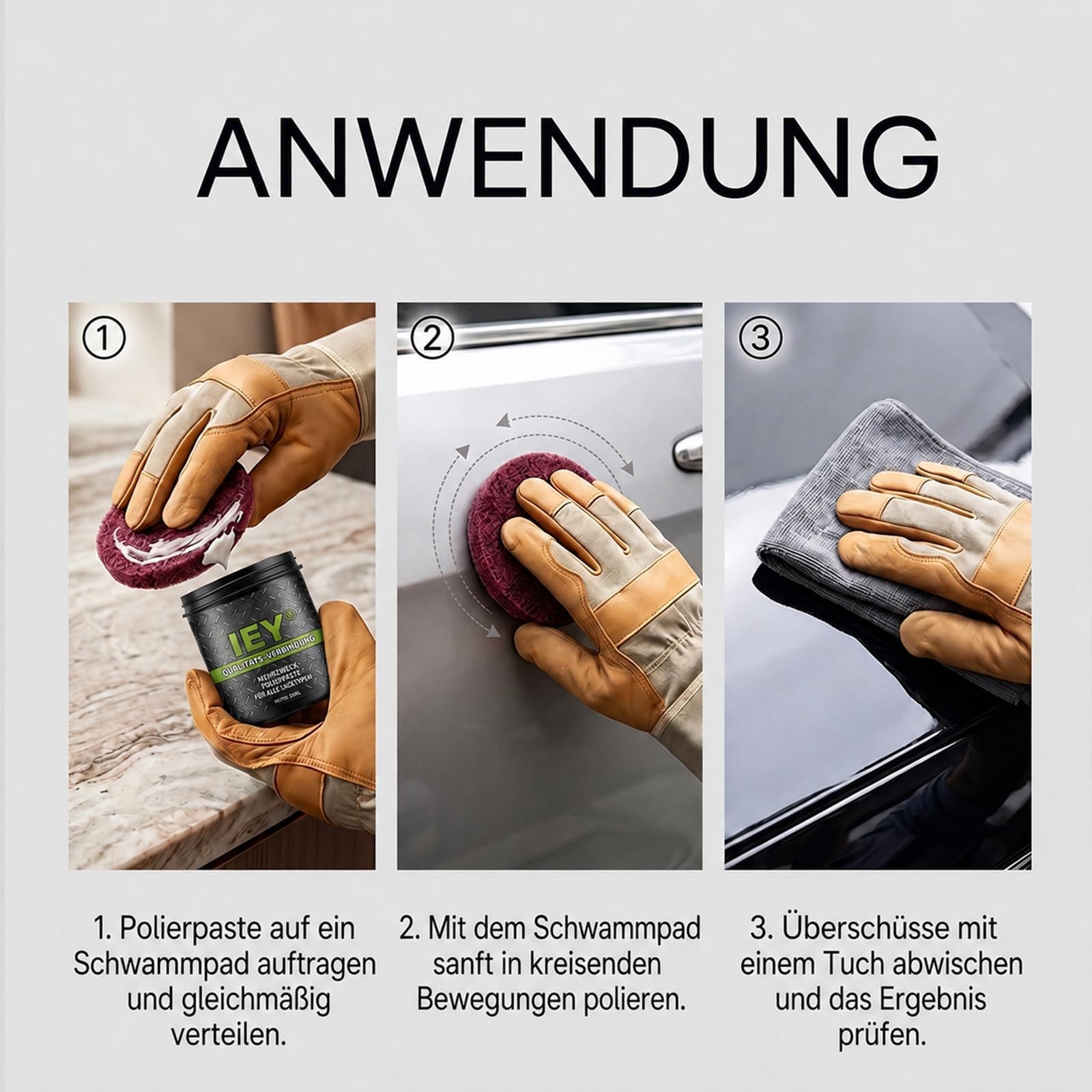 IEY Polierpaste Auto & Metall, Professional Polishing Compound mit Pad | Universal Polierpaste Auto Kratzer Entfernen, Politur für Scheinwerfer, Kunststoff, Holz & Epoxidharz (100g)，2 Stk