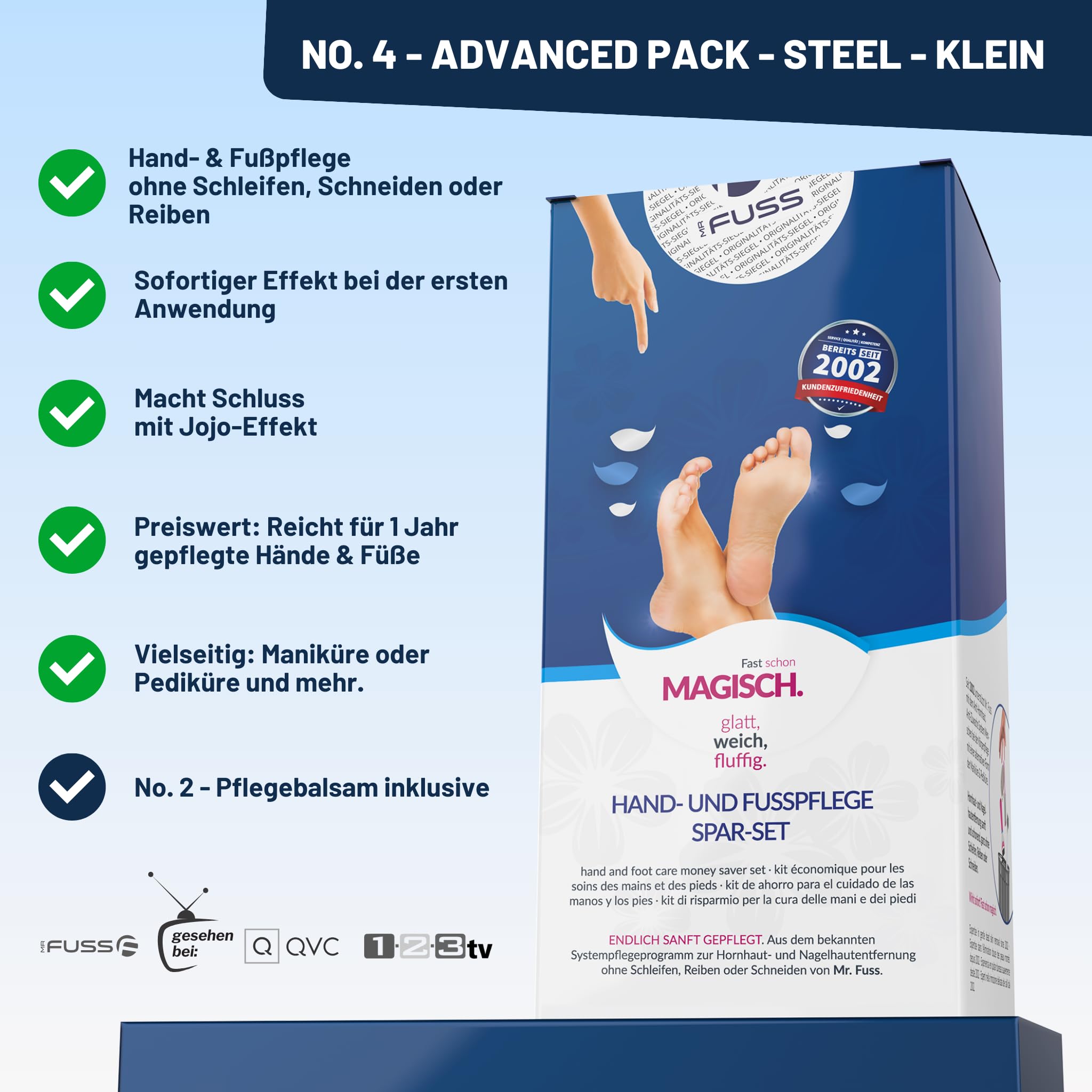 Mr. Fuss® No. 4 - Advanced Pack Steel - Klein, Nagelhaut- Hornhautentferner Sparpaket 4 tlg. Aktiv-Lösung Schnell erweichend - 250 ml, Balsam No. 2-100 ml, Watte, Edelstahl-Schaber