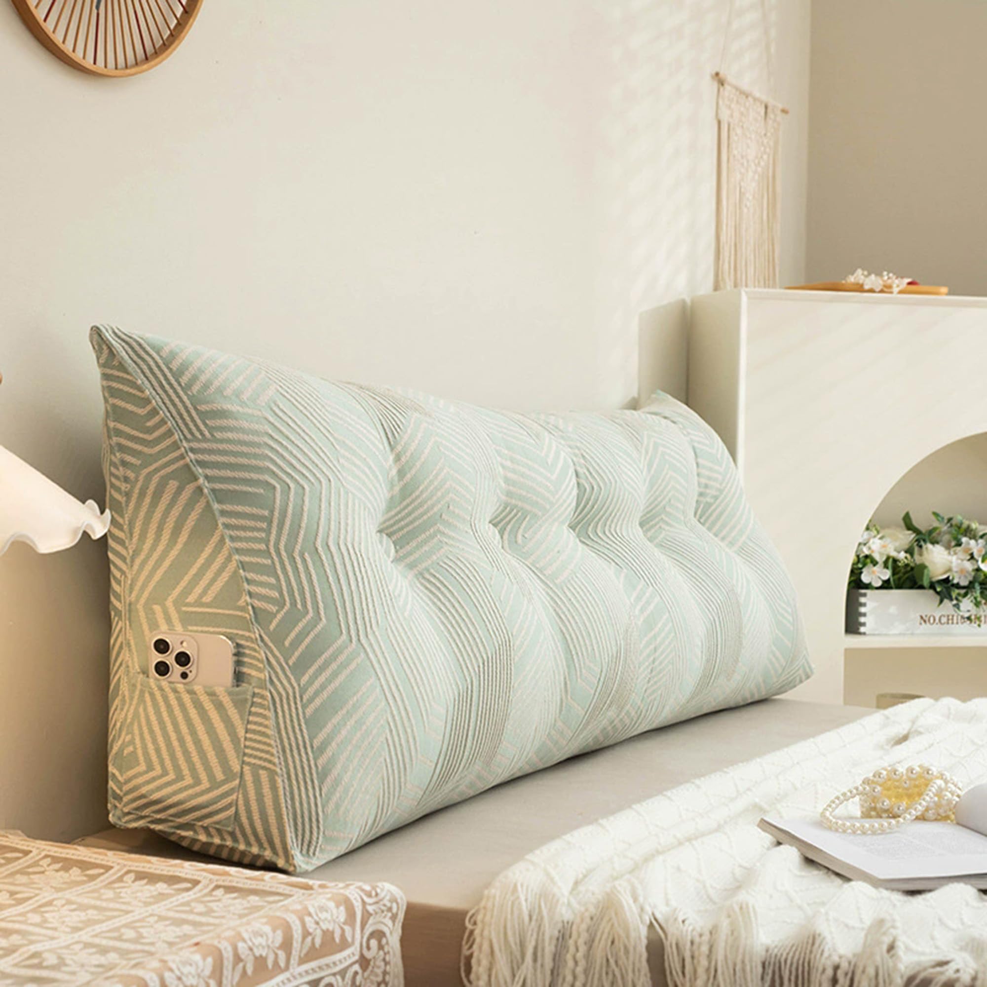 Hruile Wedge Back Pillow Backrest Bolster, Triangular Headboard Reading Pillow, Back Lumbar Support Cushion with Side Pocket, Headboard Cushion for Bed Sofa Tatami (80x50x20cm,Light Green)