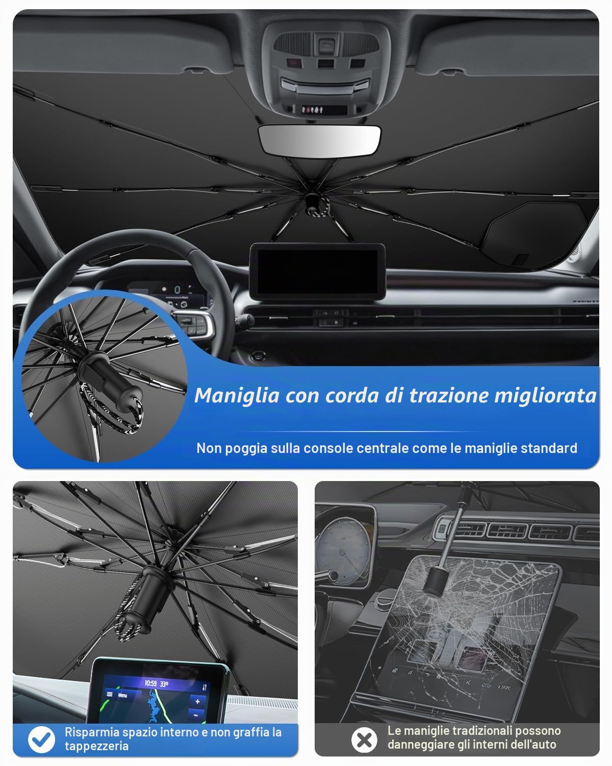 SHAOHAO Parasole Ombrello per Jeep Avenger 2023-2025 2026 con Maniglia a Corda in Nylon Flessibile, Protezione Display Antigraffio, Isolamento Termico UV, Ombrellone Auto Pieghevole Accessori