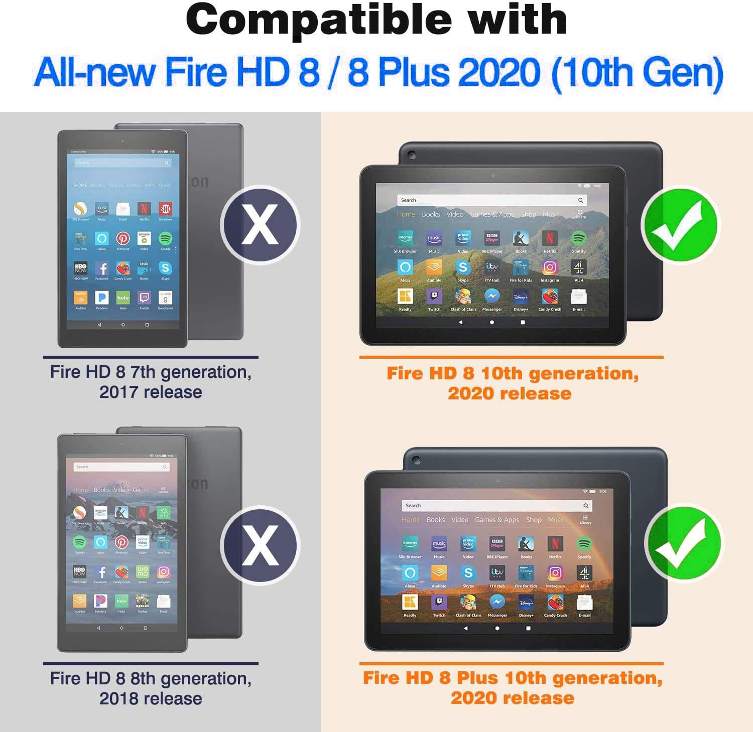 LTROP Case for All-New Kindle Fire HD 8 Tablet and Fire HD 8 Plus Tablet (10th Generation, 2020 Release), 3-Layer Heavy Duty Full-Body Rugged Protective Cover Case for Fire HD 8 Tablet, Black and Blue