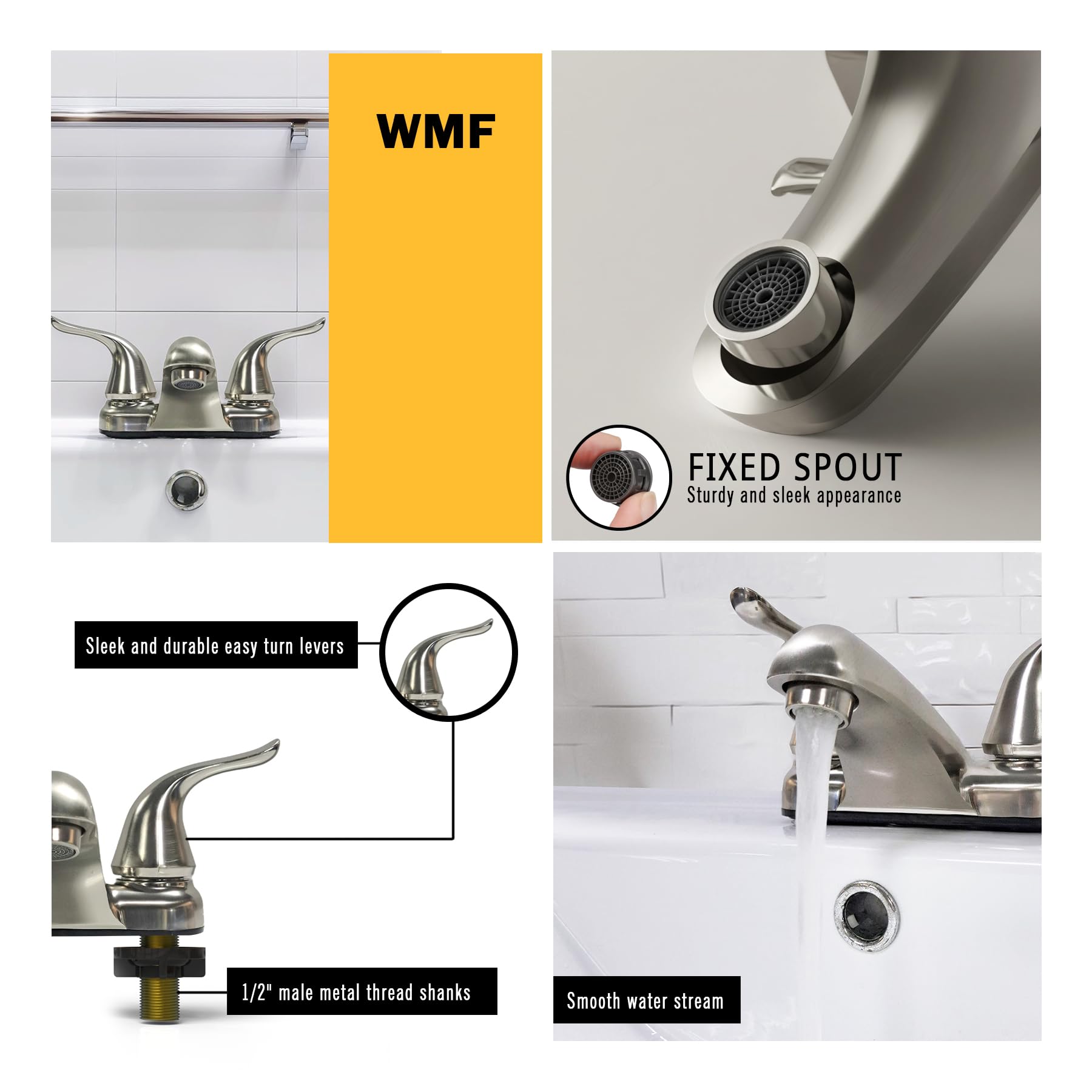 WMF-4224EULP-BN Mobile Home RV Lavatory Bathroom Faucet Double Lever Handle Washerless Cartridge Less Pop Up Drain Brushed Nickel — view 2