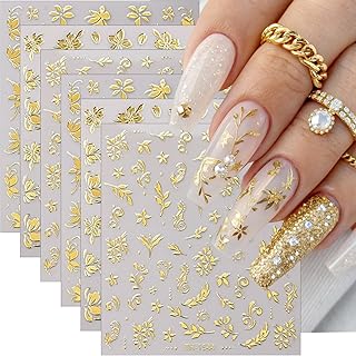 6Pcs Gold Nail Art Stickers 3D Metallic Floral Leaf Nails Decals Gold Ch...