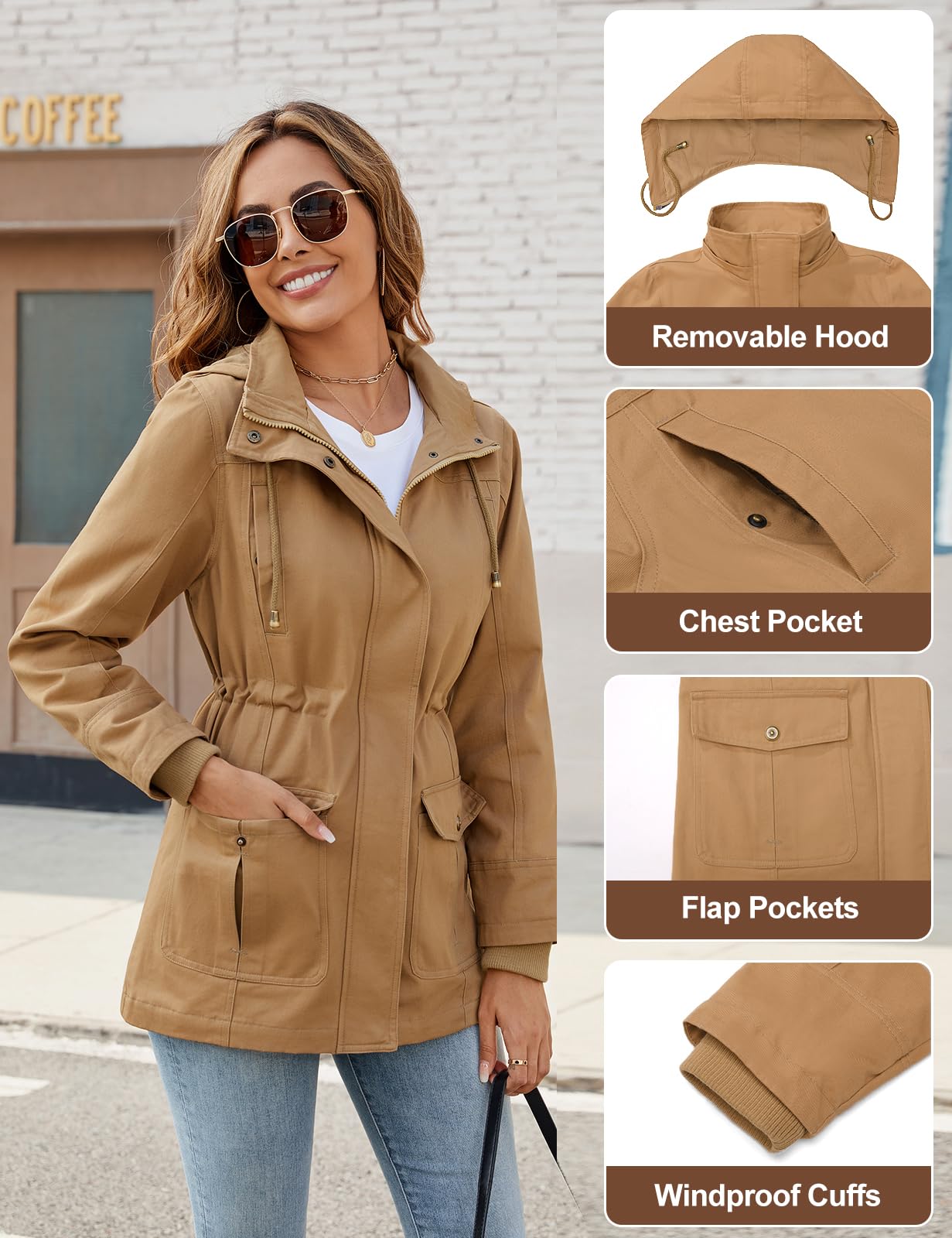 Tuopuda Giacca Primaverile Donna Parka Cotone Militare Cappotto Leggera Utility Jacket Giubbotto con Cappuccio Casual con Zip Antivento Staccabile Giacche Giaccone Outdoor