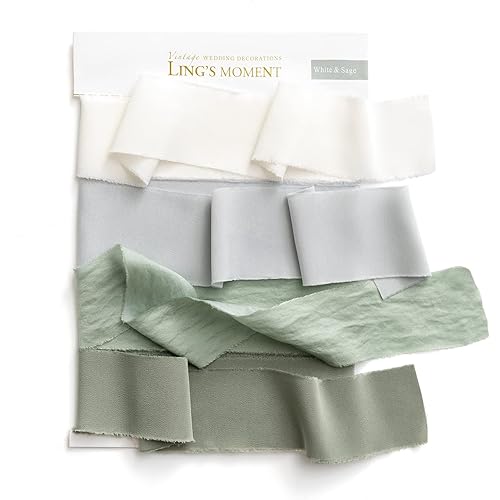 Ling's Moment Sage Green Chiffon Ribbon Handmade Fringe Silk-Like Ribbon Chiffon Smooth Ribbon for Wedding Bouquet Wedding Photographer Detail Shots Flat Lay, Shades of Sage Green