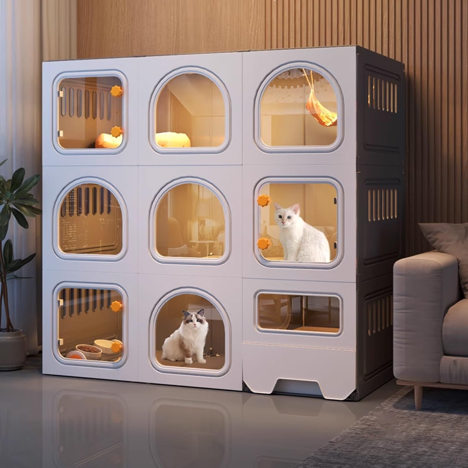 Cage pour chat avec bac à litière intégré, enclos modulable d'intérieur à 3 niveaux
