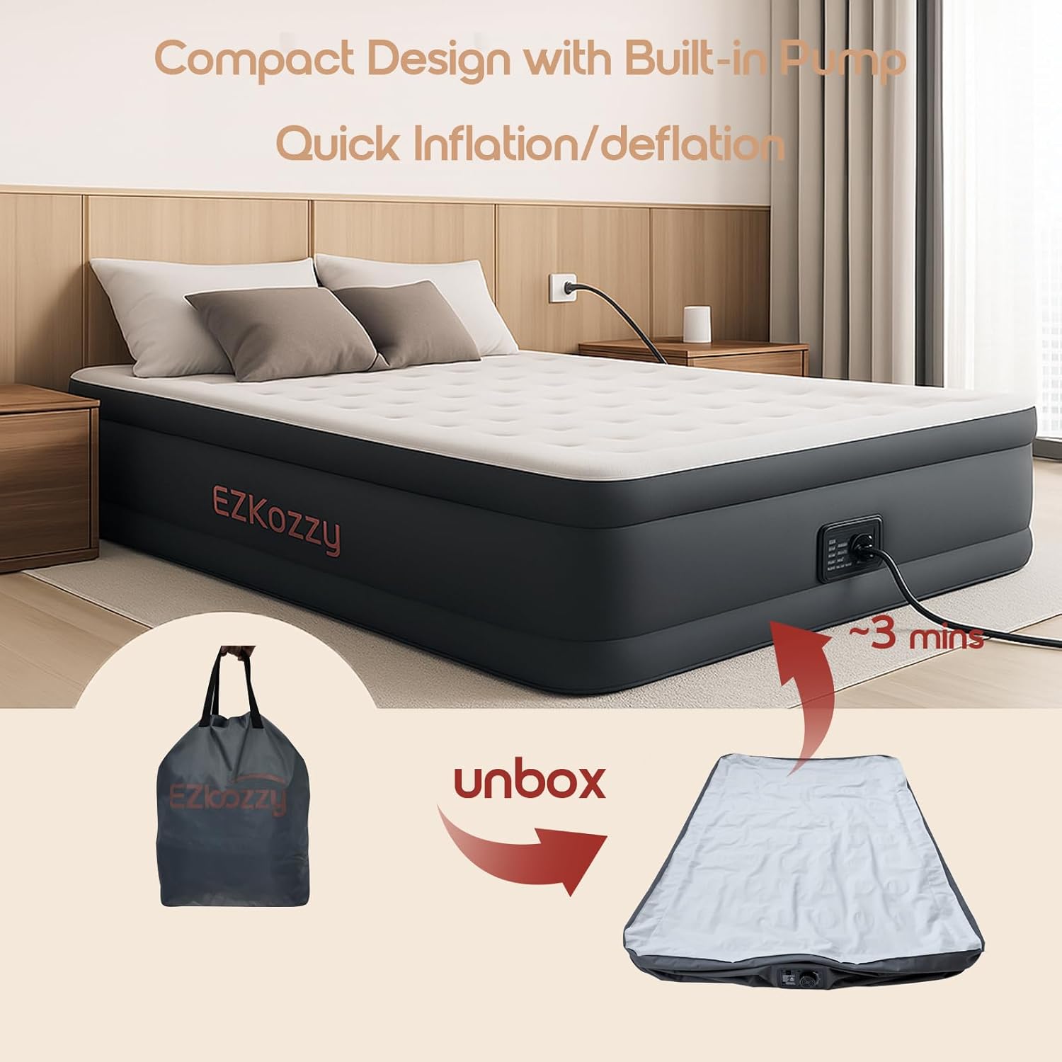 Queen Size Premium Air Mattress with Built-in Pump for Home Camping Guest-Room Inflatable Airbed Blow Up Mattress Firm 18" Grey