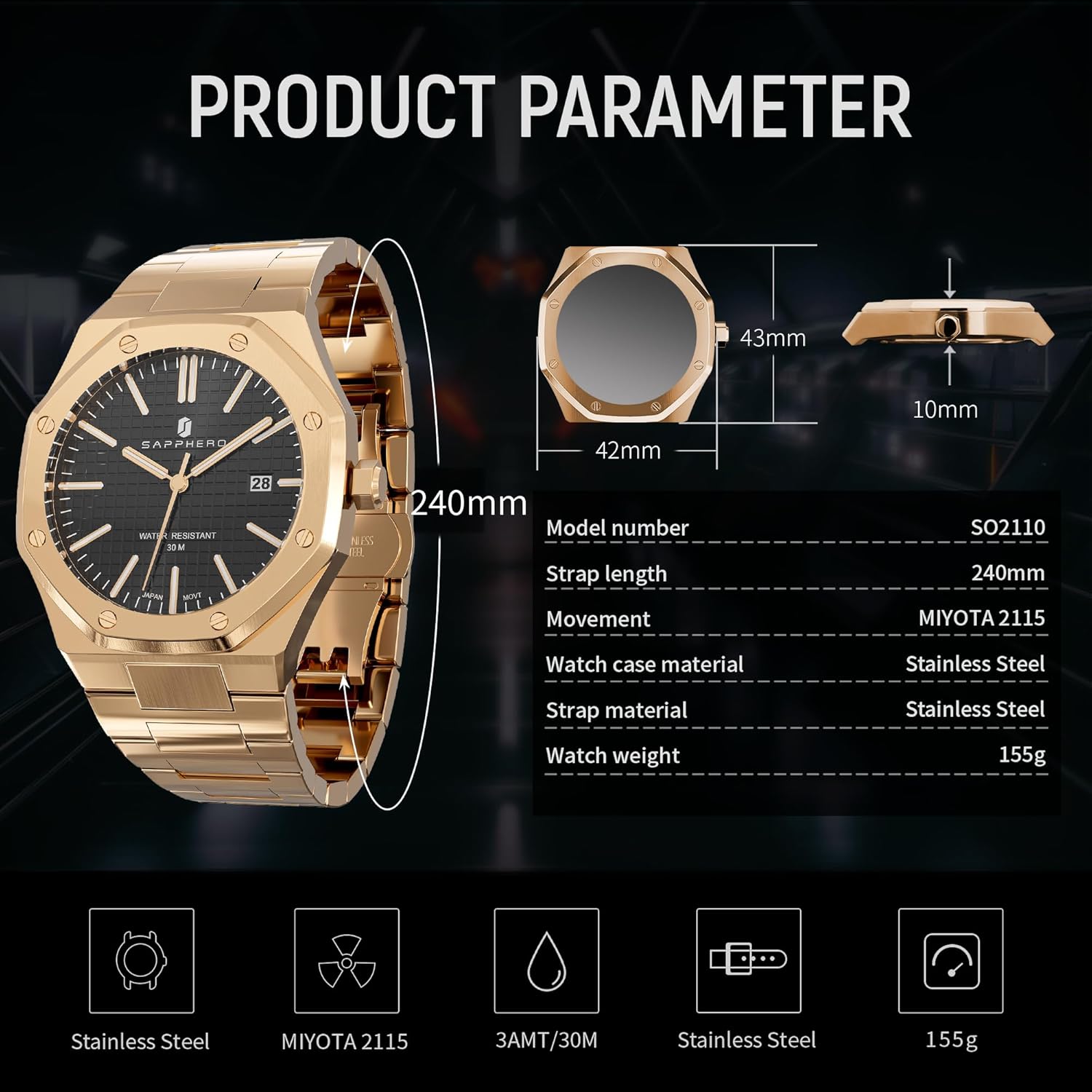 SAPPHERO Watches for Men Waterproof Men's Watch Stainless Steel Octagonal Date Quartz Fashion Clock Business Wristwatch Gift for Men Multiple Colors - Image 4