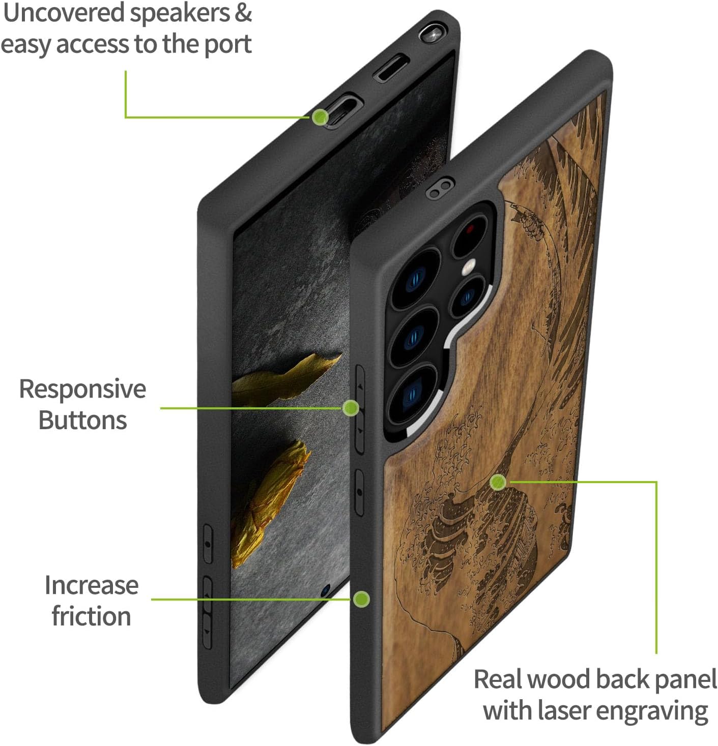 Carveit Magnetic Wooden Case for Samsung Galaxy S25 Ultra Case 2025, TPU Shockproof Cover & Wood Artisan Engraved, Compatible with MagSafe Wireless Chargers (The Great Wave Off Kanagawa) Walnut
