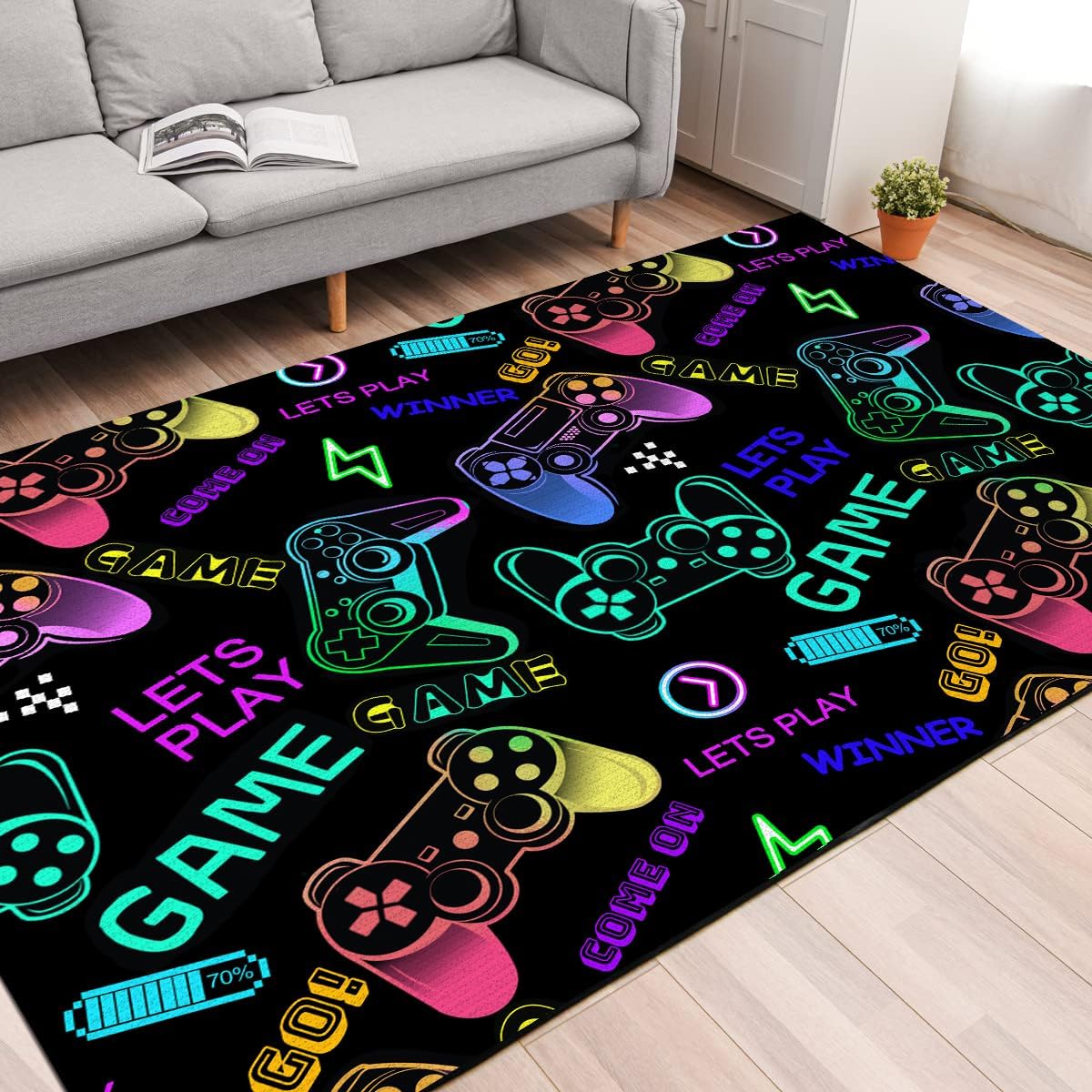 SMXVRC Color Game Console Kids Rugs, 180x230cm, Lets Play Game Gamer Rug for Living Room, Fade Resistant Soft Durable Gaming Carpet, No Crease Absorbent Pet Friendly Mat for Hallway Indoor