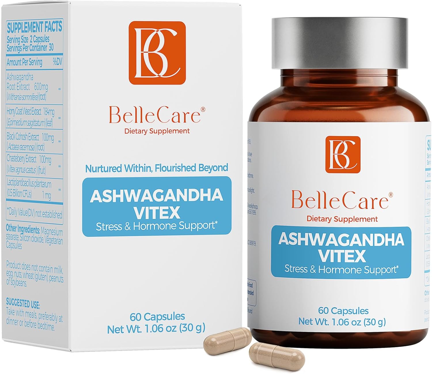 BELLECARE Hormone Balance Capsules for Women, Cortisol Supplements, Female Menopause Supplement with Ashwagandha 600mg Per Serving,Chaste Berry,Black Cohosh for Stress, Mood, Sleep Support,60 Count