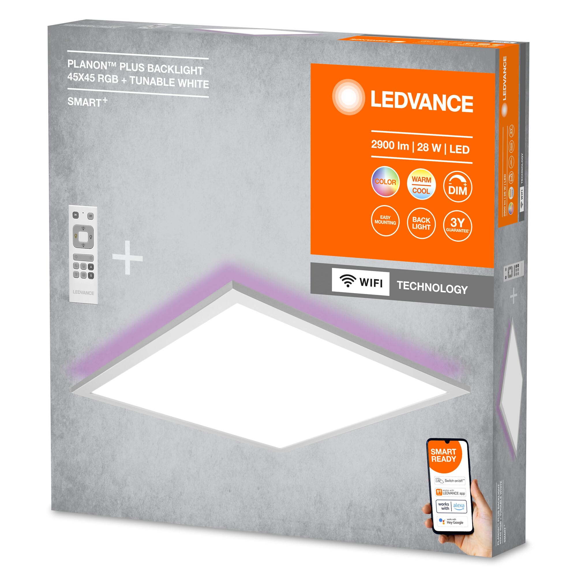 LEDVANCE Lámpara de techo LED WiFi blanca, 28 W 2000LM, 3000-6500K, 45x45 cm, aplique regulable, tecnología RGB, Smart+ Planon, controlable mediante app o asistente de voz como Alexa o Google | , Ceiling Luminaire, blanco, 0 mm dia, 25000 h, Paquete de 1