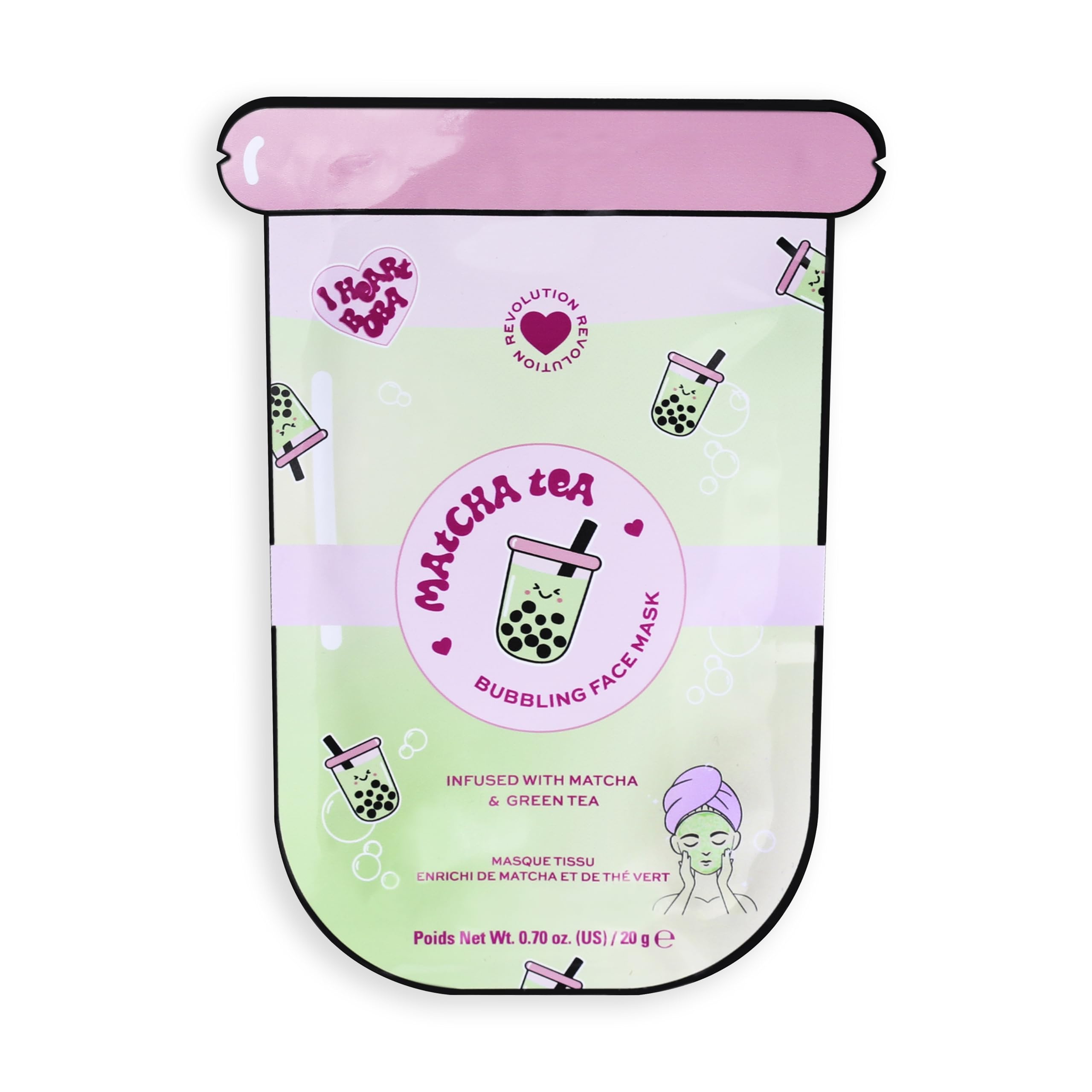 I Heart Revolution Bubble Tea Matcha Tea Bubble Sheet Mask, Calms & Hydrates Skin With Matcha & Green Tea Extract