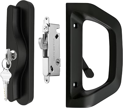 Sliding Glass Door Handle Set with Key Cylinder and Mortise Lock Patio Door Lock Replacement Fits 3-15/16 inch Screw Hole Spacing Black