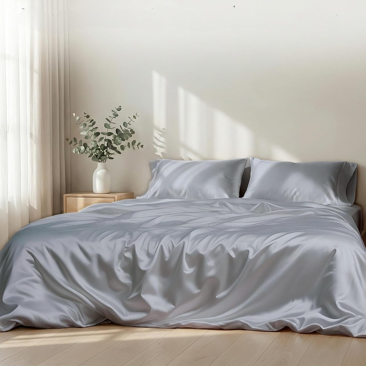 Luxury Tencel & Viscose Derived from Bamboo Hotel Bed Sheet Set,Deep Pocket Soft & Cooling for Hot Sleepers,Silky Smooth Hypoallergenic Breathable Bedding with 2 Pillowcases (Gray, Queen)