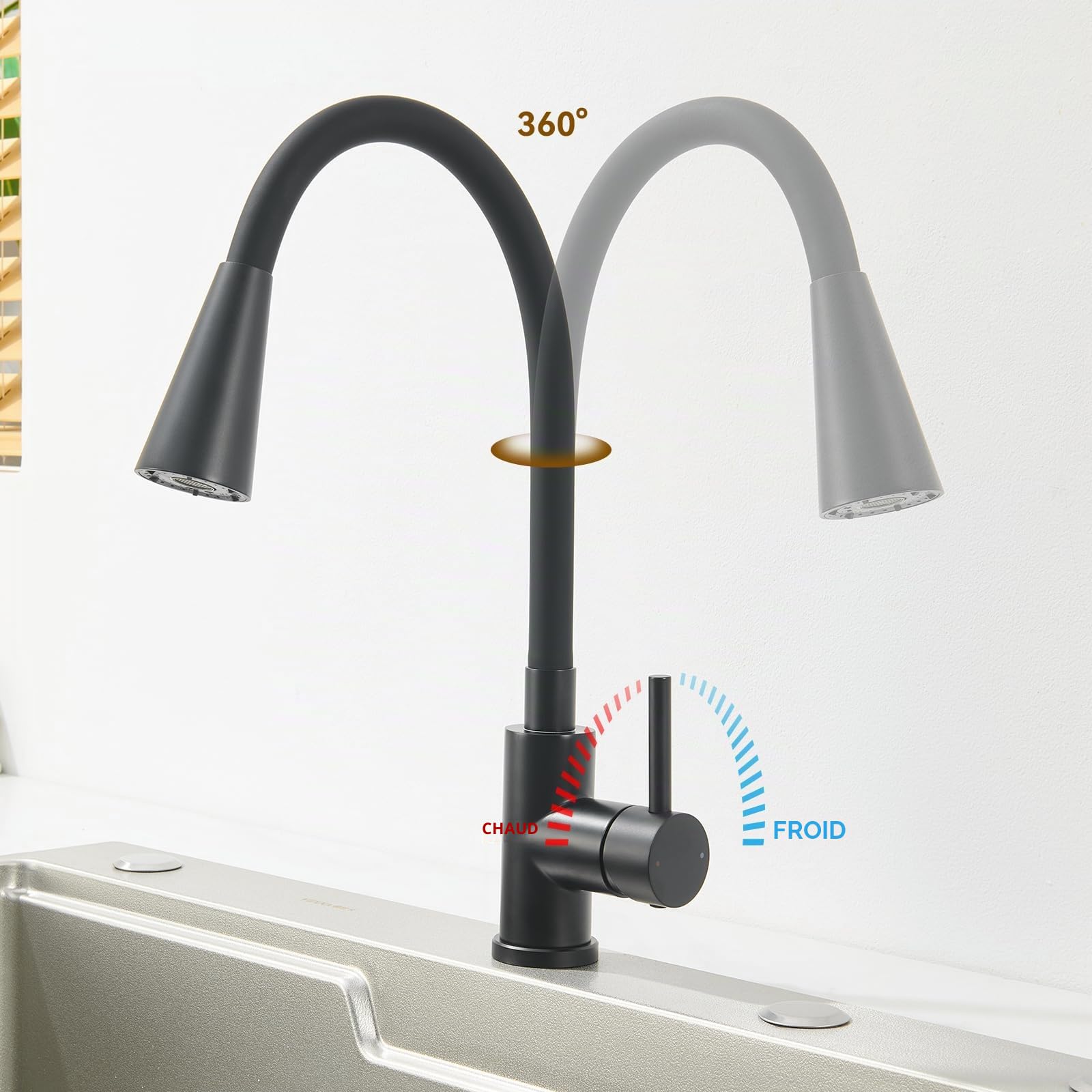 Robinet Cuisine Noir, Mitigeur Cuisine avec Bec Flexible 4 Modes de Réglage, Robinetterie Evier Pivotant à 360° en Acier Inoxydable, Froid & Chaud Disponible