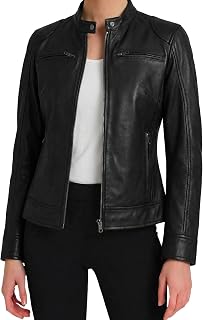 Premium Real Lambskin Leather Jacket Women - Cafe Racer Style Genuine Le...