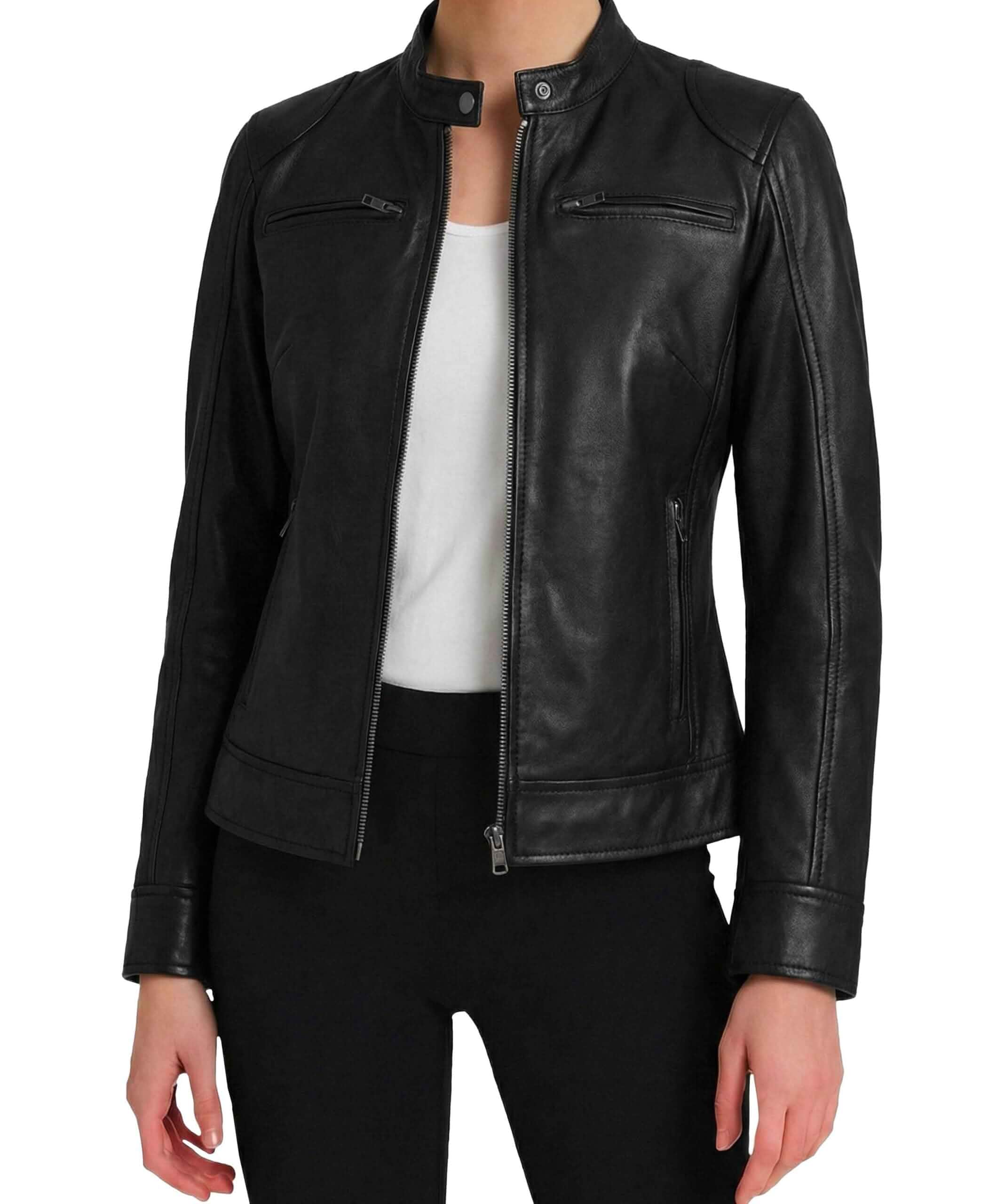 Premium Real Lambskin Leather Jacket Women, Cafe Racer Style Front Zipper Closure, Snap-Tab Collar, 4 Outer Pockets, Inside Phone Pocket, Adjustable Button Waist, Soft Polyester Lining