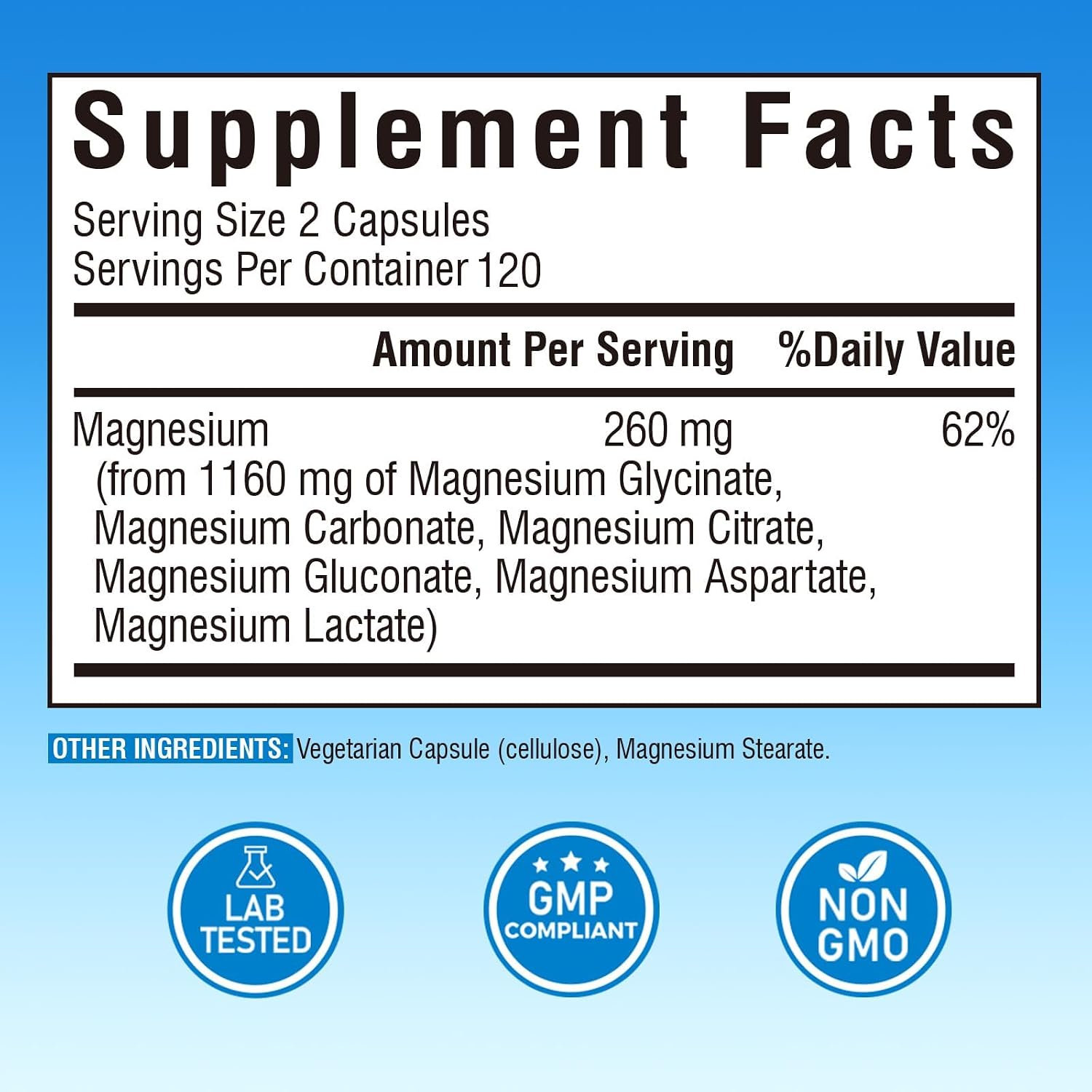 Vitalibre 6 in 1 Magnesium Complex for Women Men, 260mg Elemental Magnesium | Max Absorption | Chelated Magnesium Supplement for Bone, Relaxation & Nerves Support | Non-GMO, 240 Vegan Capsules