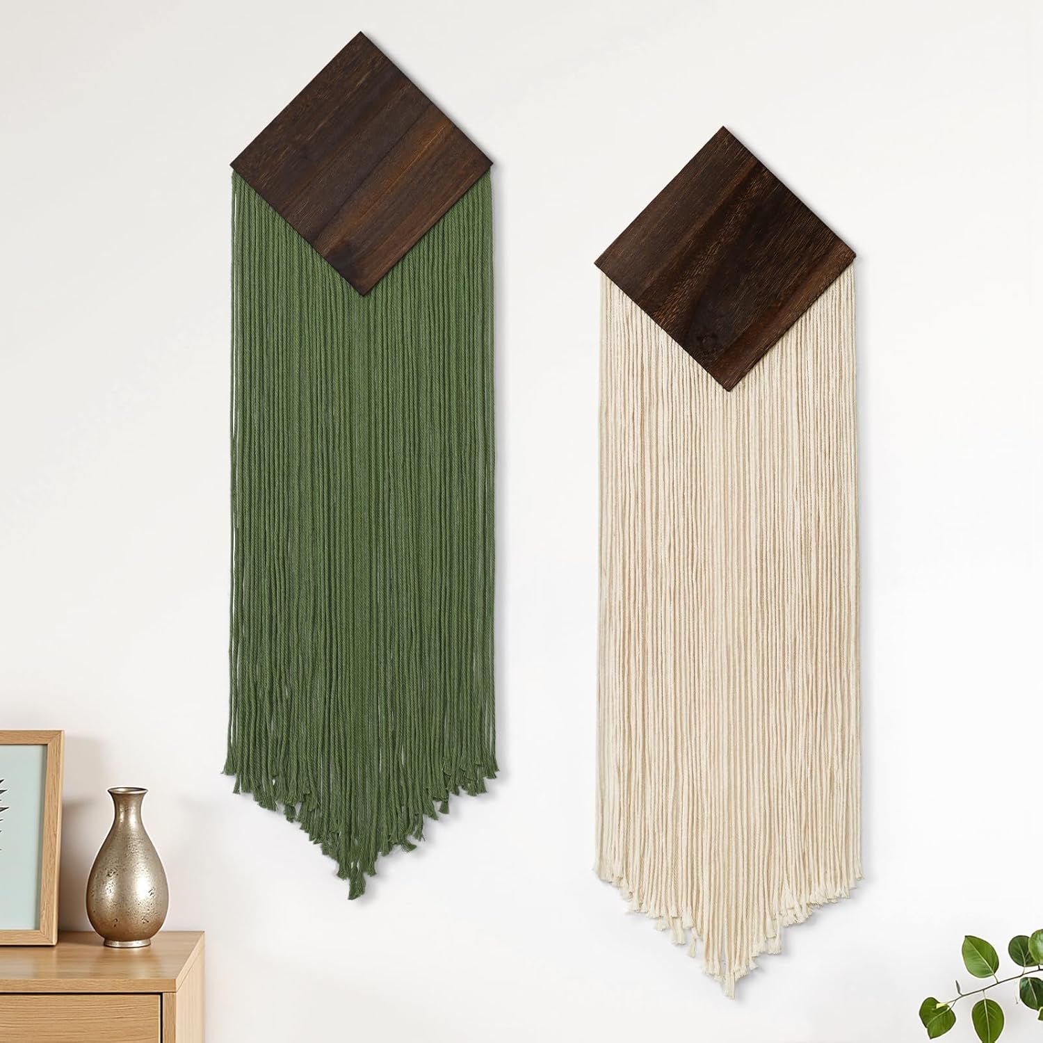 KHOYIME Macrame Wall Hanging Boho Chic Home Decor, 2PCS Bohemian Green Beige Vertical Tassel Yarn Tapestry Modern Farmhouse Wall Art Decorations for Living Room Bedroom Nursery Office 11''W x 36''L