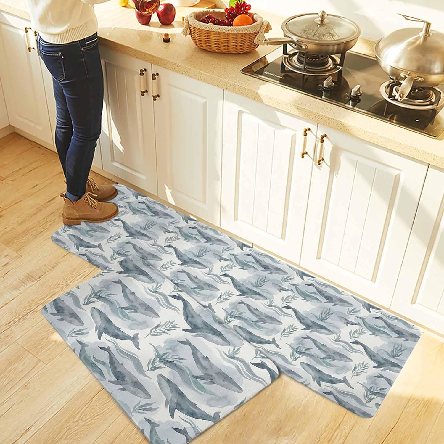Teal Grey Whale Coastal Kitchen Rugs and Mats Set of 2, Non-Slip Kitchen Sink Mat, Watercolor Beach Ocean Nautical Washable Doormat Bathroom Rugs Runner for Bedroom/Living Room 15.7"x23.6"+15.7"x47.2"