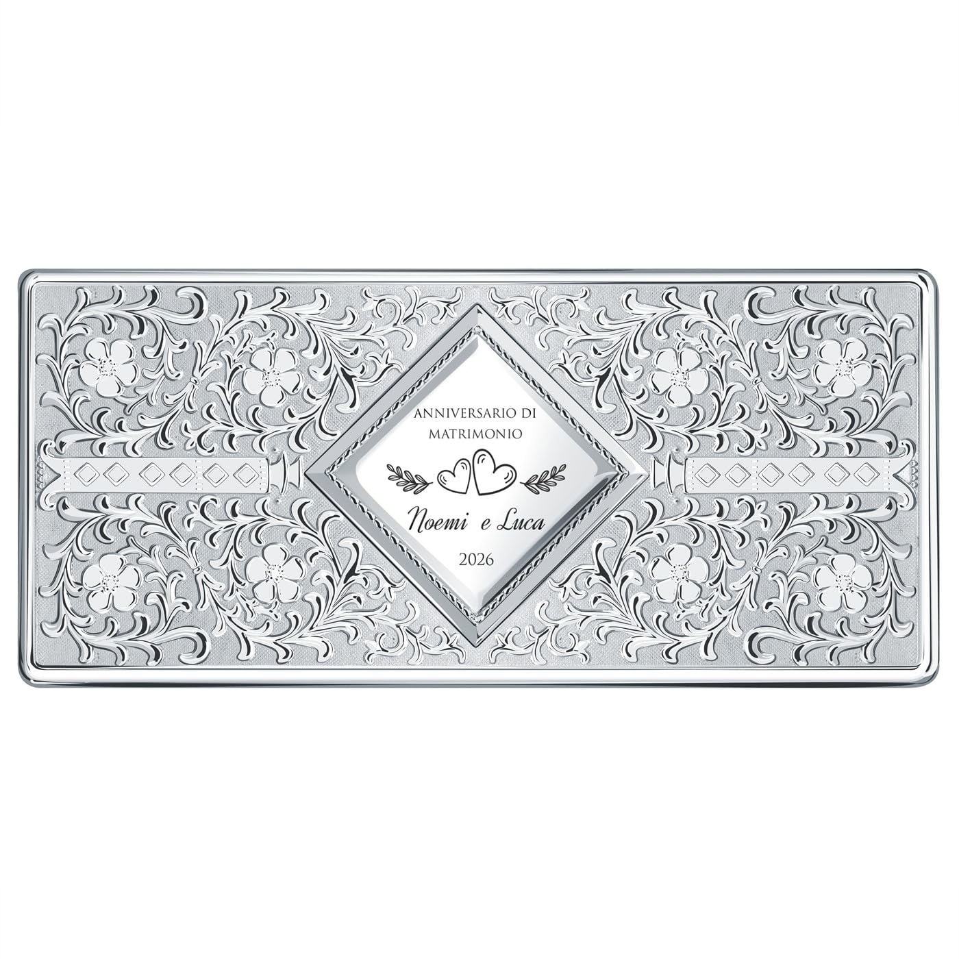 Maverton Portagioie in Acciaio Argentato Personalizzato | Porta Gioielli Rettangolare per Donna Coppia o Ragazza, 19x8.5x6.5 cm, Idea Regalo Donna Compleanno
