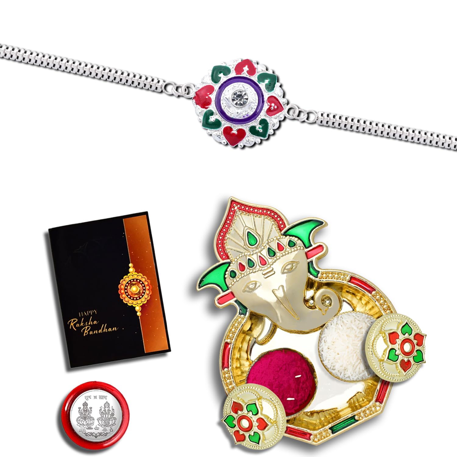 Silver Color Rakhi Bracelet with Silver Color Pooja Coin, Tilak Set & Greeting Card | wishes greeting card | Fancy Rakhi for brother | rakhi design-image-0