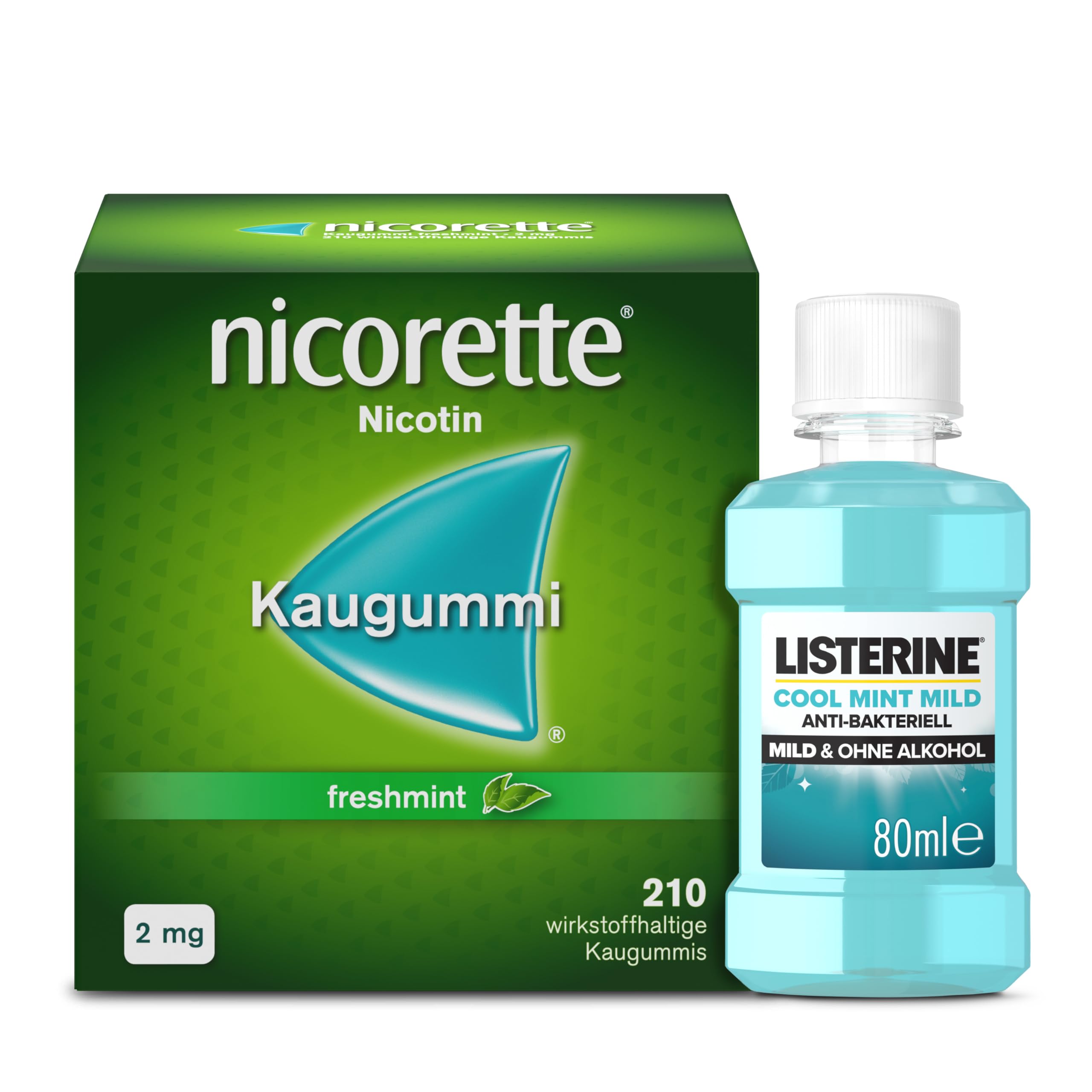 NICORETTE Kaugummi Vorratspack 2mg freshmint – Nikotinkaugummi zur Raucherentwöhnung – Minzgeschmack –2mg Nikotin – Rauchen aufhören – 210 St. + Listerine Cool Mint mild 80ml