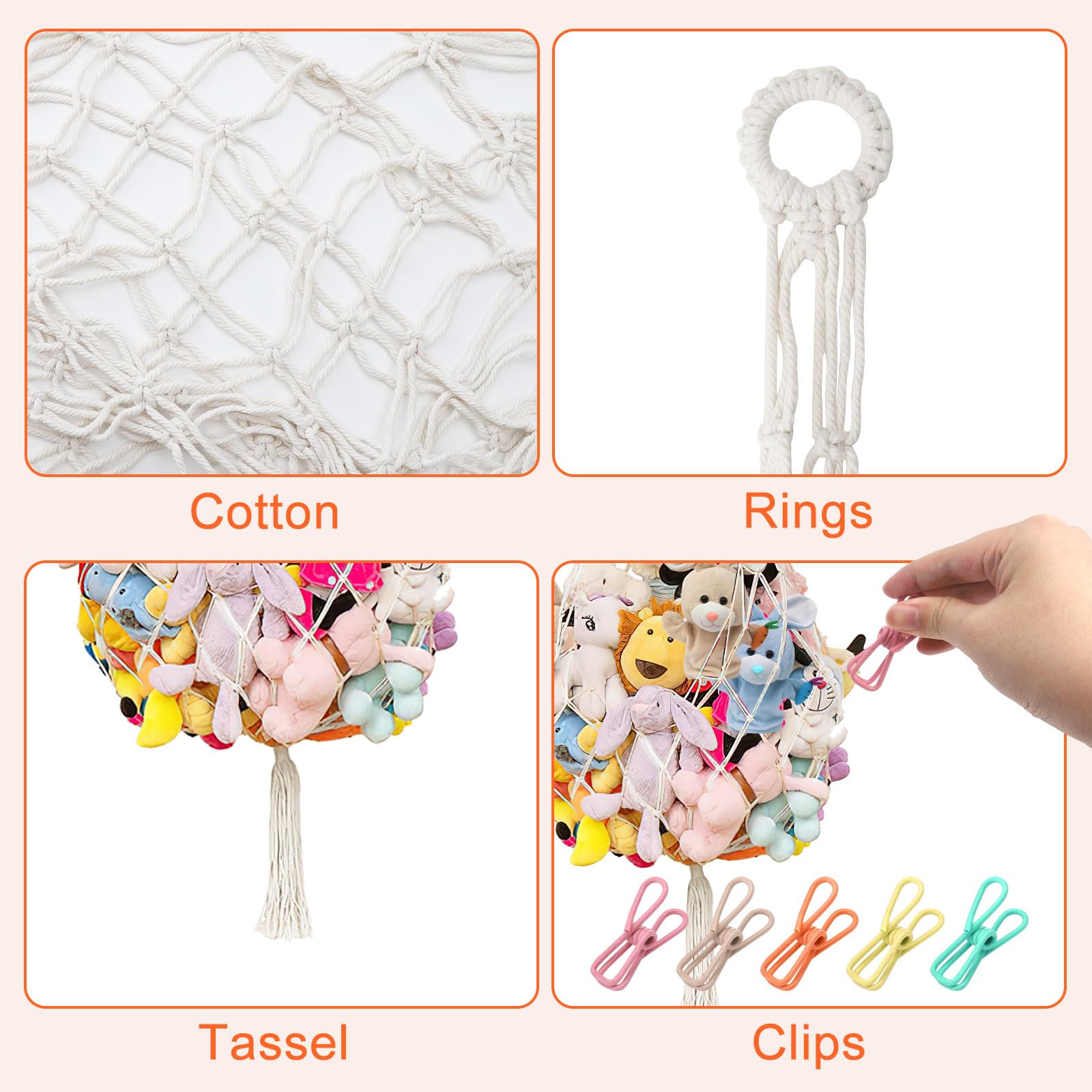 HENGBIRD Rangement Peluche Suspendu - Filet avec Pinces à Linge pour Mur, Coin ou Plafond