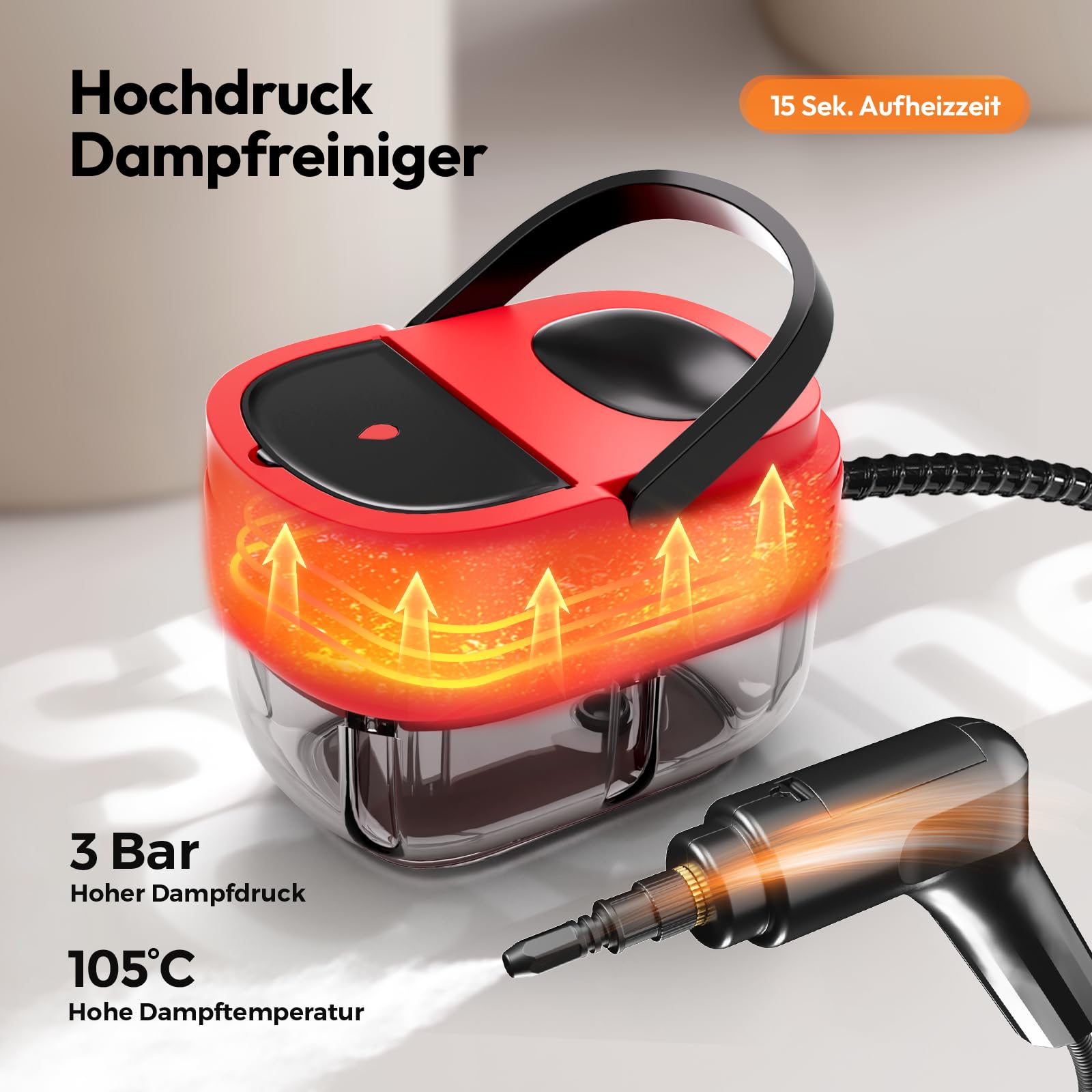 Dampfreiniger für Haushalt, 3-stufig verstellbarer Griff, 1,6L Wassertank | 15s Aufheizzeit, 3 BAR Hochdruckdampf, Steam Cleaner mit 15 Zubehörteilen, Dampfreiniger Handgerät für Küche, Boden, Bad